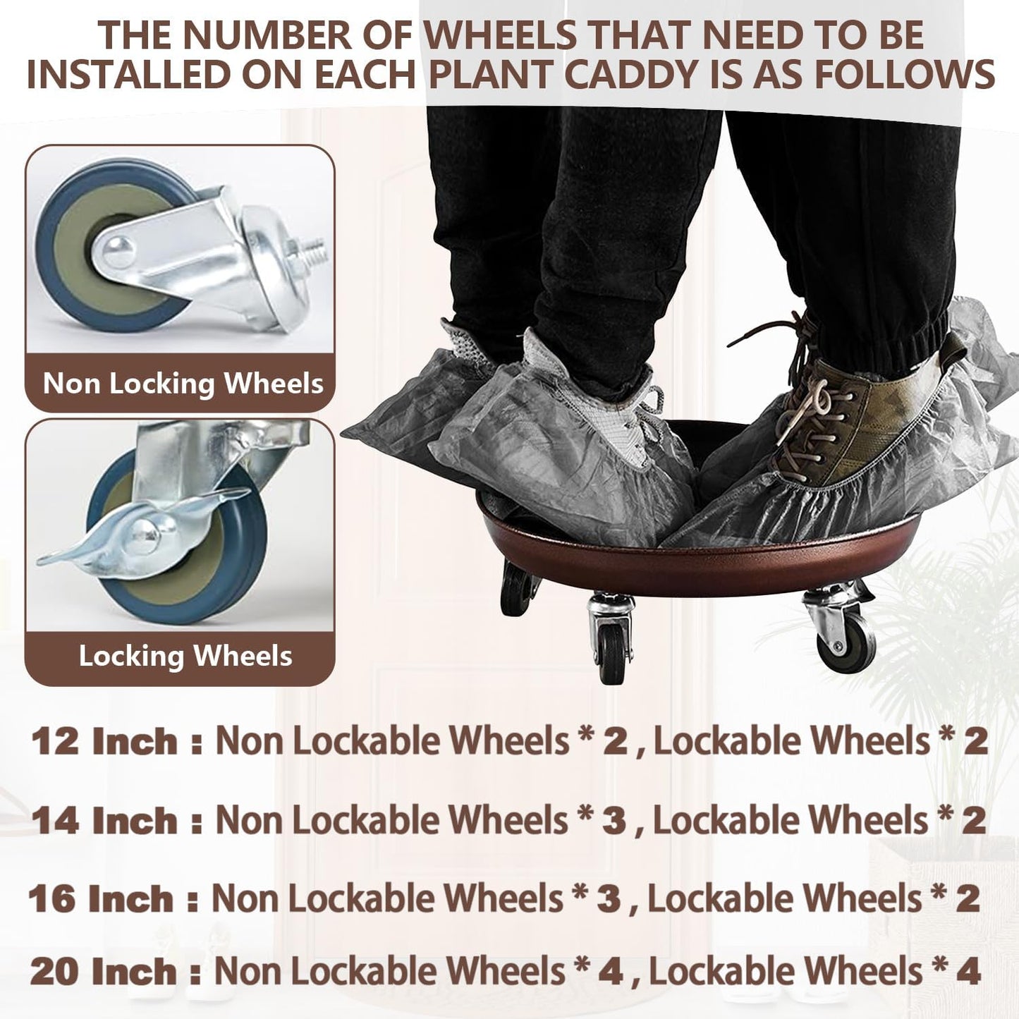 Heavy Duty Plant Caddy with Solid Rubber Wheels, Lockable, Increased Load Capacity, One-Minute Installation, Suitable for Indoor, Outdoor, Patio, Garden Settings, 12 Inches 2PACK, Brown