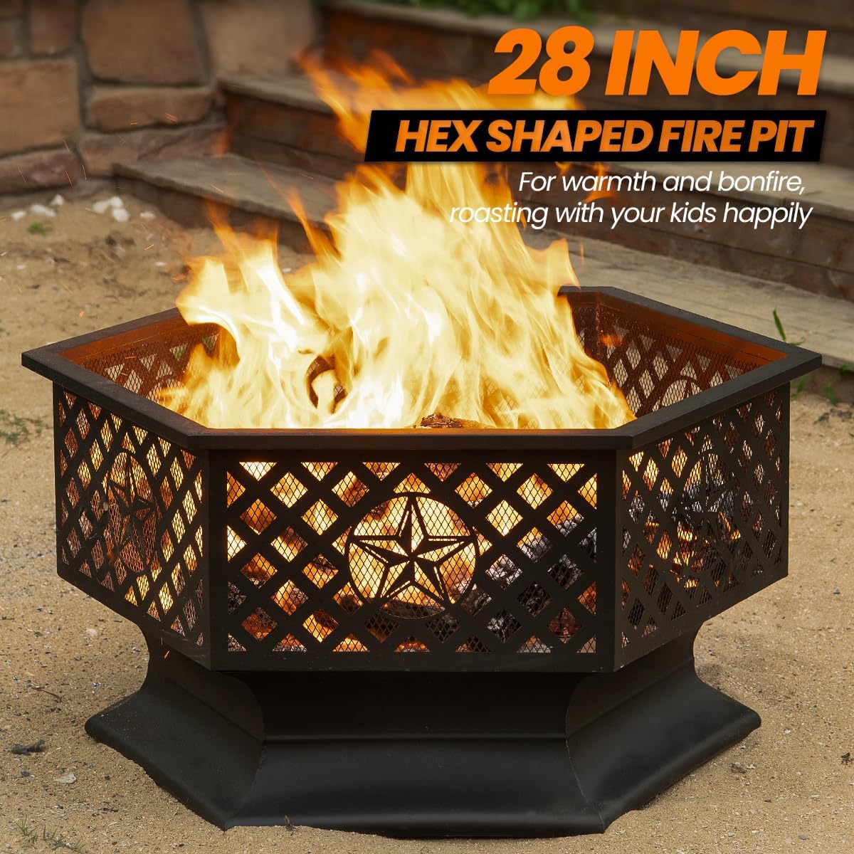 28 Inch Hexagonal Fire Pit,Wood Burning Firepits for Outside with Spark Screen&Poker,Metal Hex-Shaped Outdoor Fire Pit for Outside,Backyard,Bonfire,Patio,Garden,Picnic and Camping（Black）
