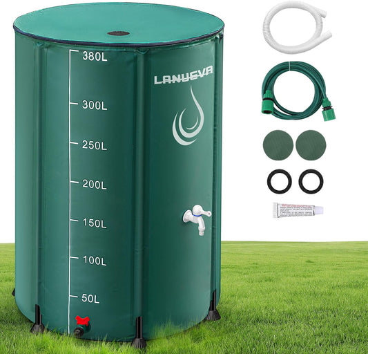LANUEVA 100 Gallon Collapsible Rain Barrel, Rainwater Collection System with 2 Spigots, Overflow Kit and 2 Hoses, Portable Water Storage Tank with Scale Mark for Garden Plant Watering, Farm Irrigation