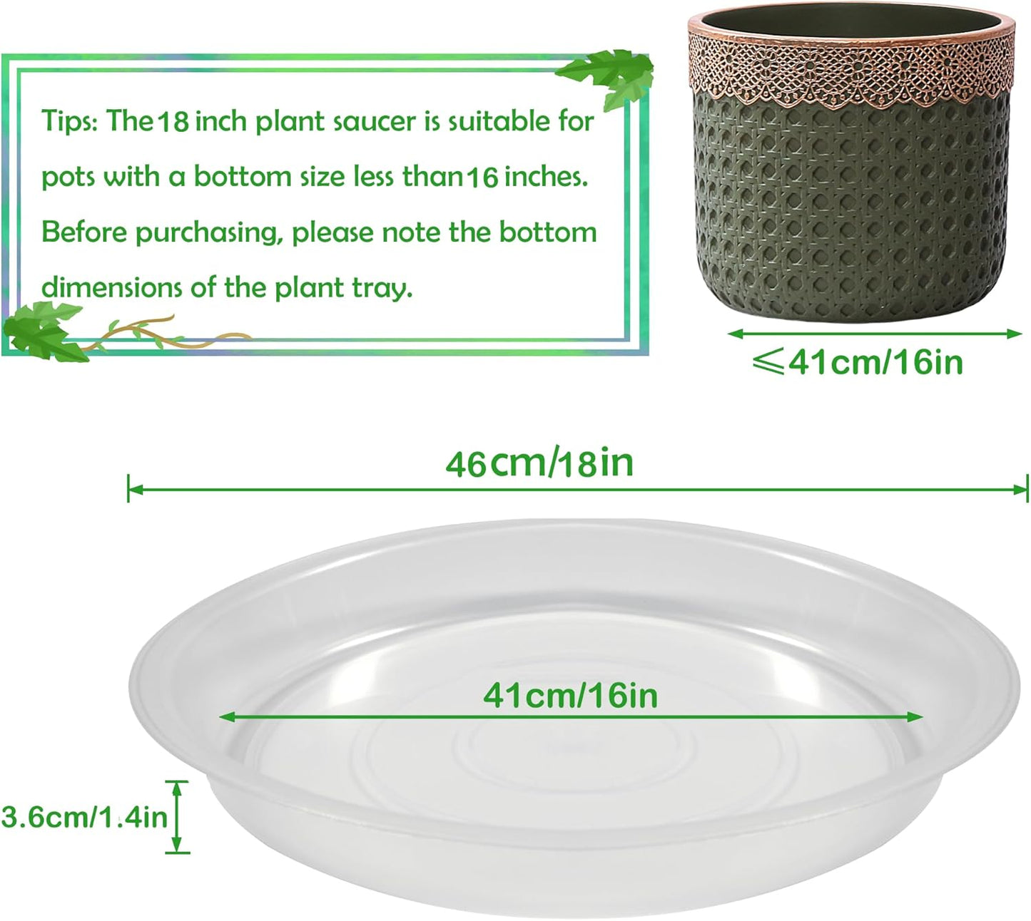 8 Pack 18 Inch Round Plant Saucers for Less 16 Inch Pot Indoors Outdoors Plant Trays for Pots Planter Saucer Plastic Plant Drip Tray Flower Planter Water Tray for Potted Plants(Clear, 18"(8pcs))