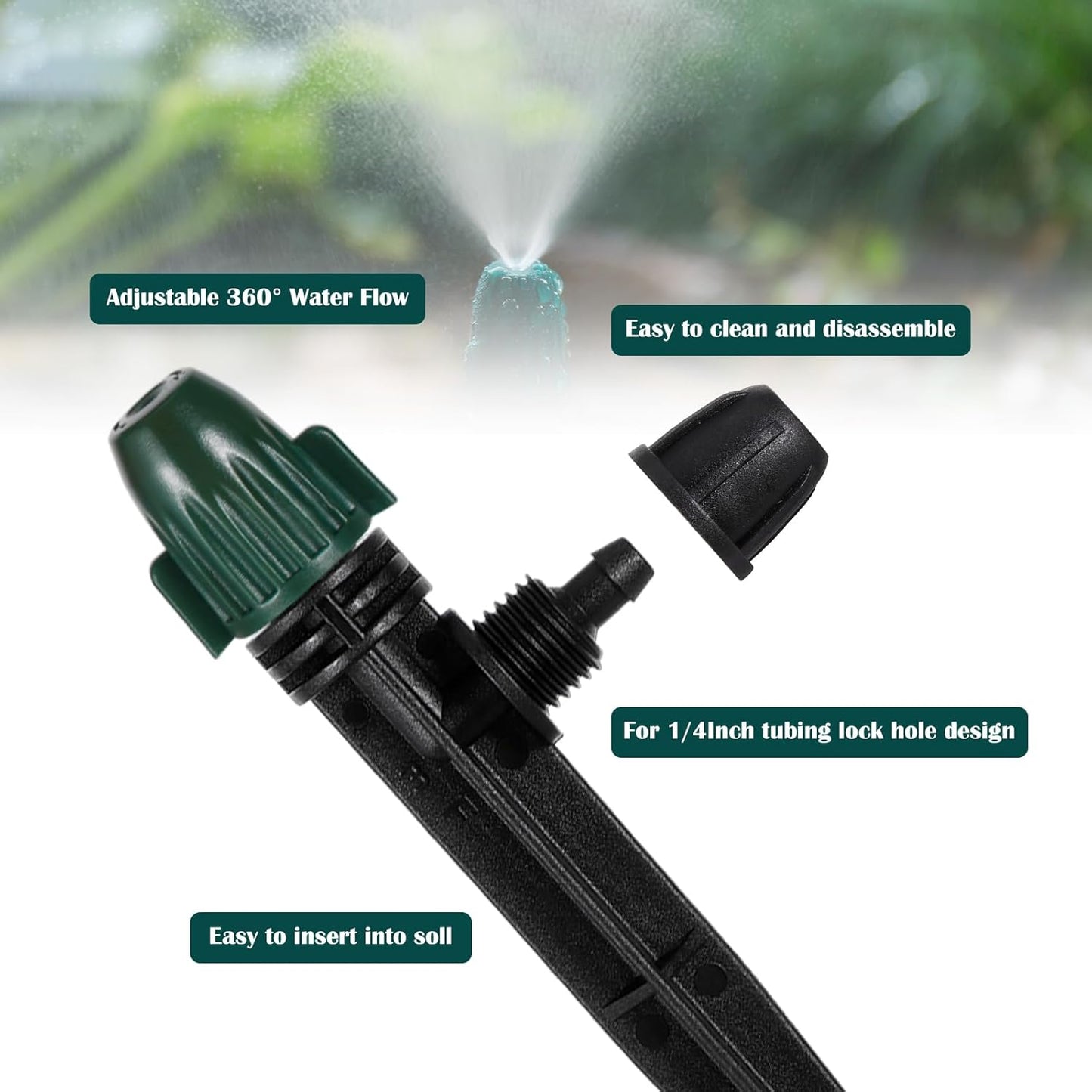 25PC Anti-Drop Drip Irrigation Spray,Lock Barbed Design Misting Drippers for 1/4" Irrigation Tubing,Adjustable 360 Degree Micro Spray on 6.3" Stake for Garden Watering System (25pc-Adjustable Emitter)
