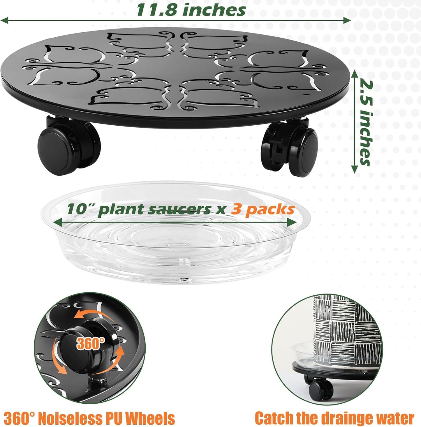 3 Packs 12 inches Large Metal Plant Caddy with Wheels Round Planter Dolly Pot Mover Rollers Wrought Iron Rolling Plant Stands Indoor Outdoor Wheeled Plant Holder Coaster Trolley, Butterfly, Black