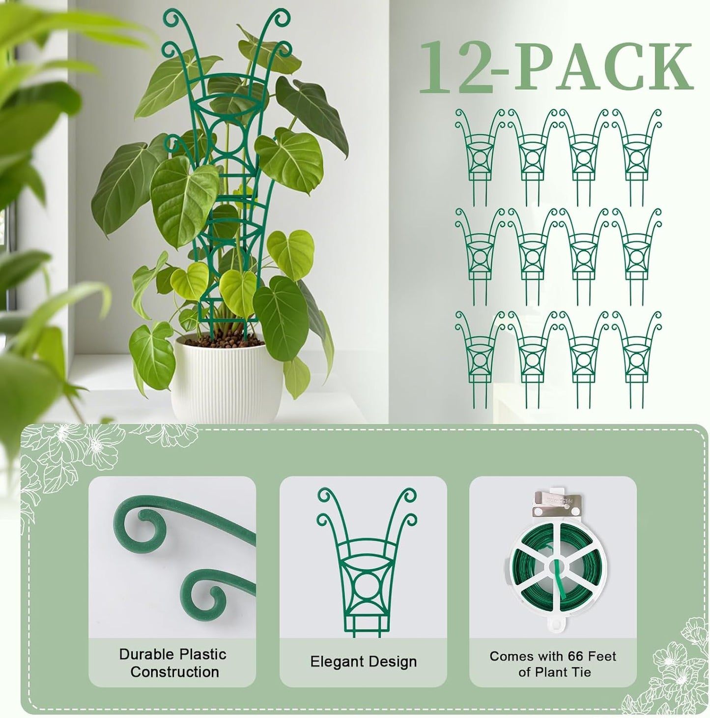 12 Pack Stackable Plant Trellis for Potted Plants, Garden Trellis Supports Peas, Ivy & Flowering Vines, Plastic Climbing Plant Support (Green)