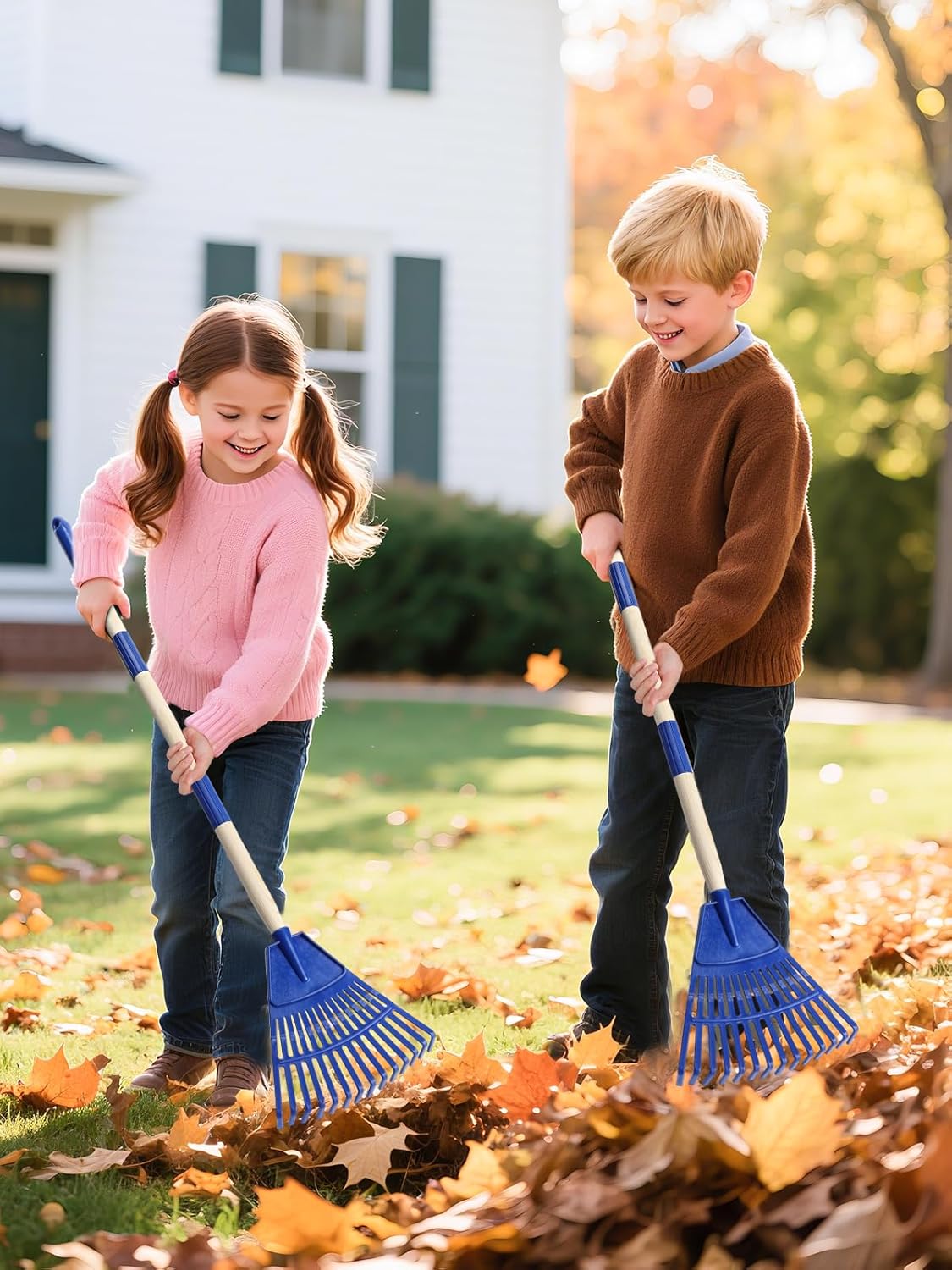 Acostop 2 Pcs Kids Rakes with Wood Handle - 34" Lightweight Plastic Garden Rake for Leaves, Safe to Use Kid Yard Tools for Boys Girls Fall Gardening Gifts (Blue)