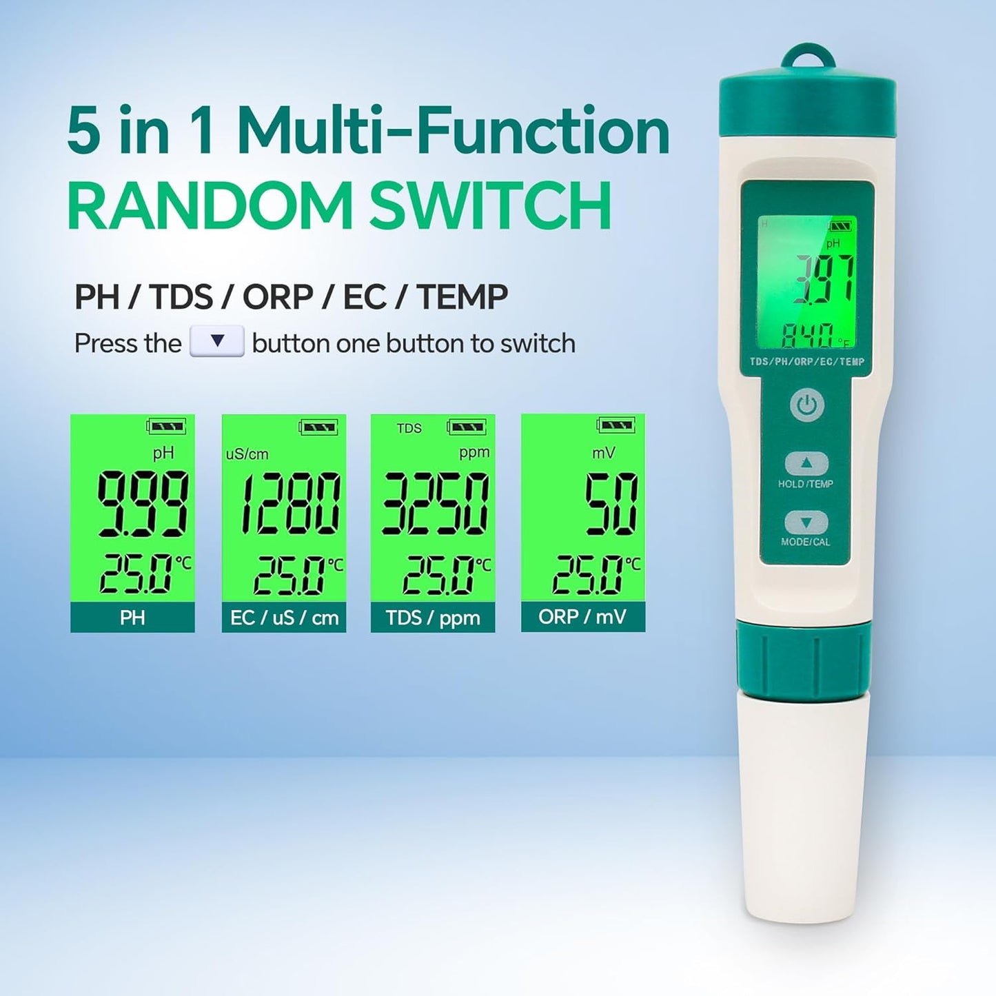 5in1 PH Water Tester, Digital pH Meter for Water, EC and TDS Meter with PH TDS EC ORP Temp Water Quality Tester for Hydroponics Plant Swimming Pool Aquarium Drinking Water Testing Kit PPM EC Tester