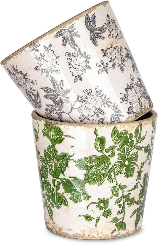 Sungmor Vintage Ceramic Plant Pots, Set of 2 Pretty Ice Cracked Glaze Ceramic Flower Pots, 5.5in. Herb Planters with Drainage Hole, Tuscan Planters for Indoor Outdoor Plants, Home Garden Decor Pot