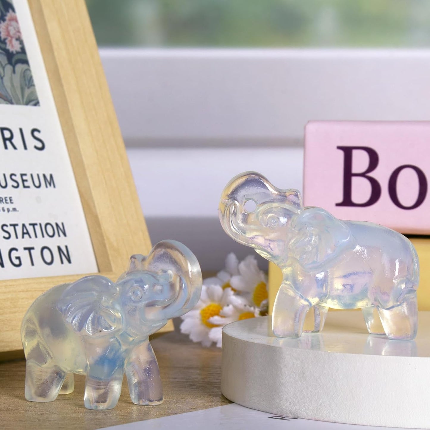 2 Inch White Opalite Crystal Elephant Sculpture Handcrafted Healing Stone Animal Figurine Spiritual Home Decor Lucky Charm Gift for Wealth Success Positive Energy and Meditation Lovers