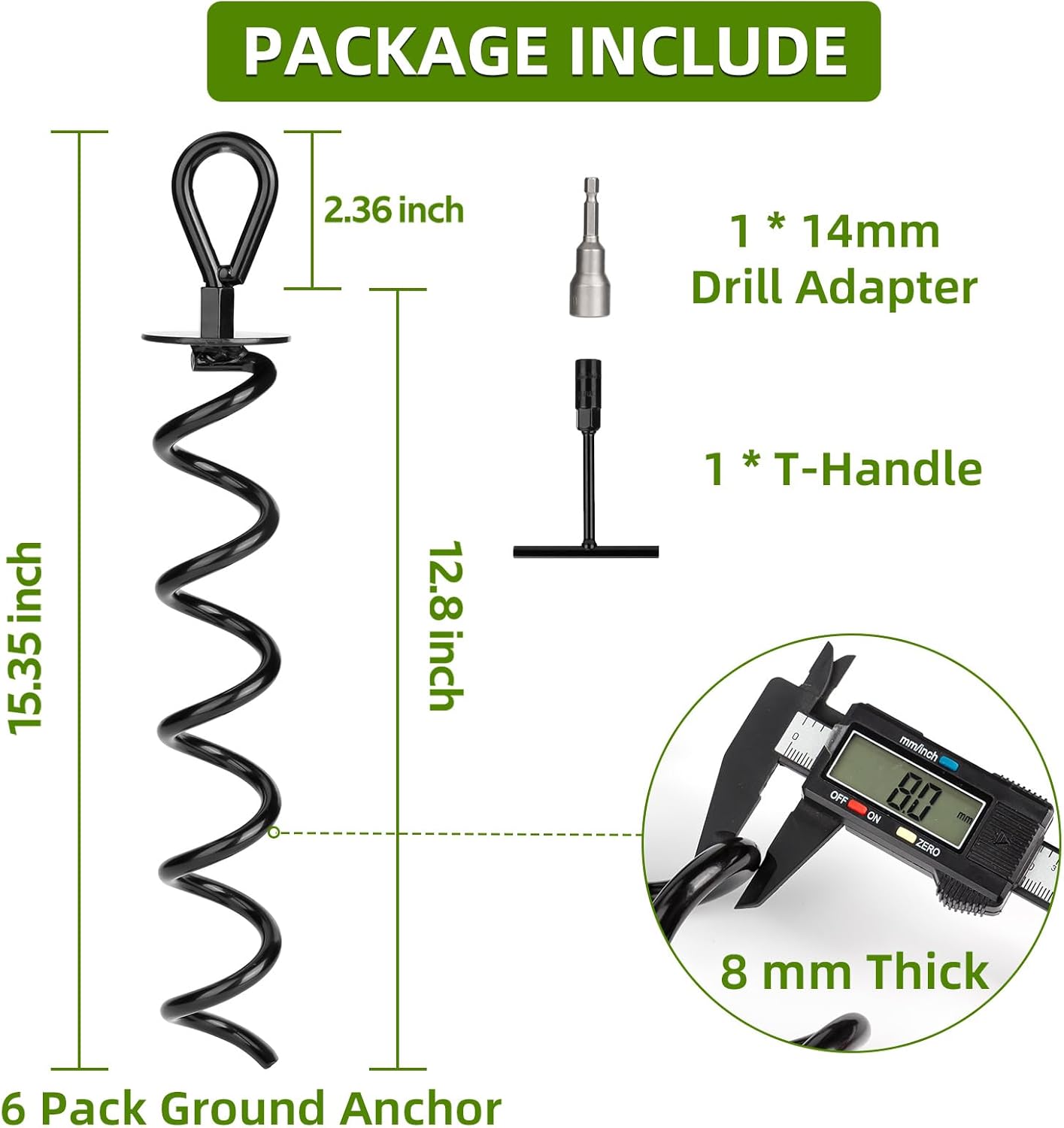 6 PCS 15.3 Inch Ground Anchors Heavy Duty for High Winds Screw in Earth Anchor Swing Set Spiral Auger Stakes Suitable for Tent Trampoline Tree Garden Fence Sheds Swingset, Easy Use with Drill