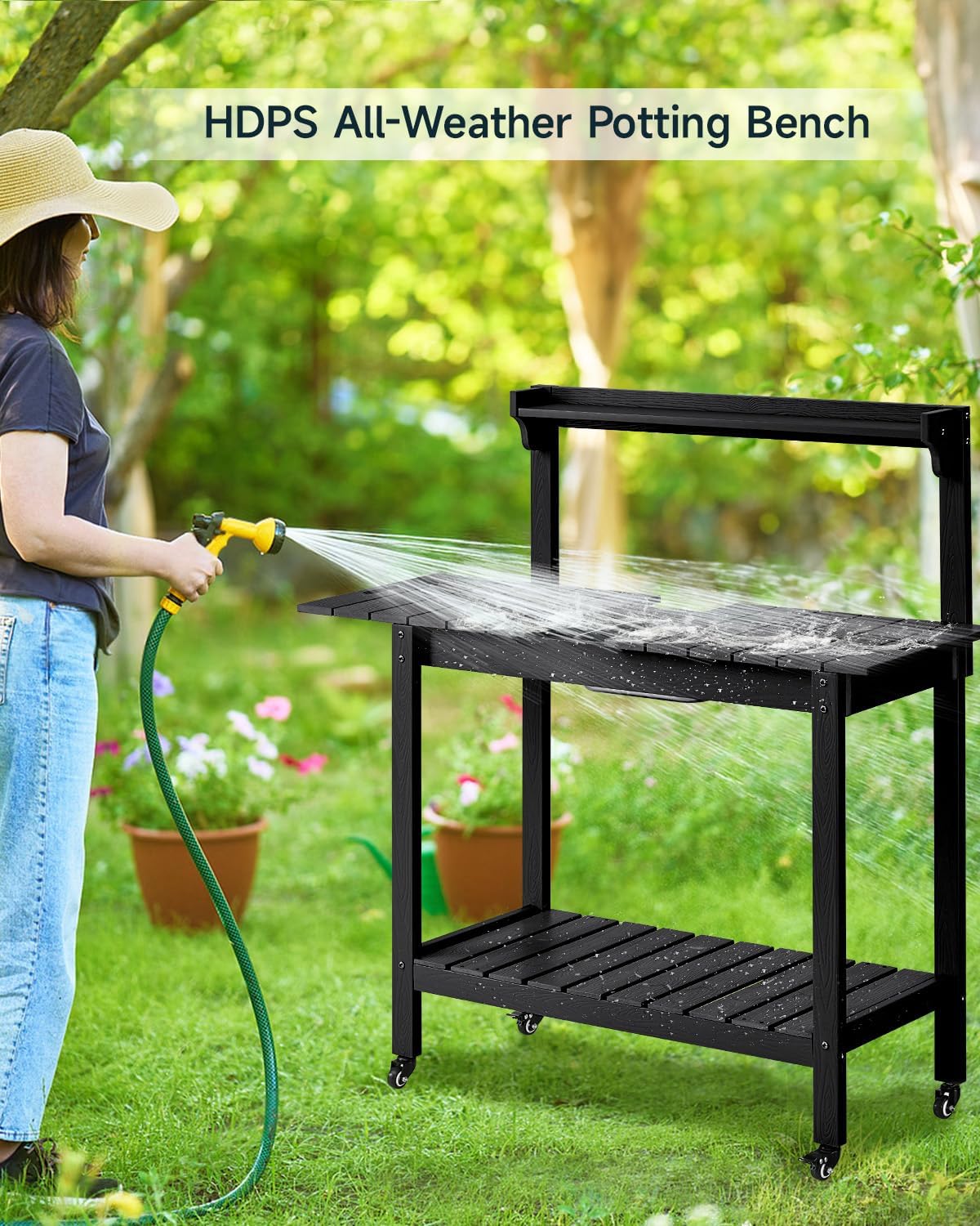HDPS Outdoor Potting Bench with Sliding Tabletop/ 4 Wheels/Removable Sink, All-Weather Outside Garden Work Table, No Rust/Fade/Break, Potting Station for Porch, Patio & Backyard (Black)