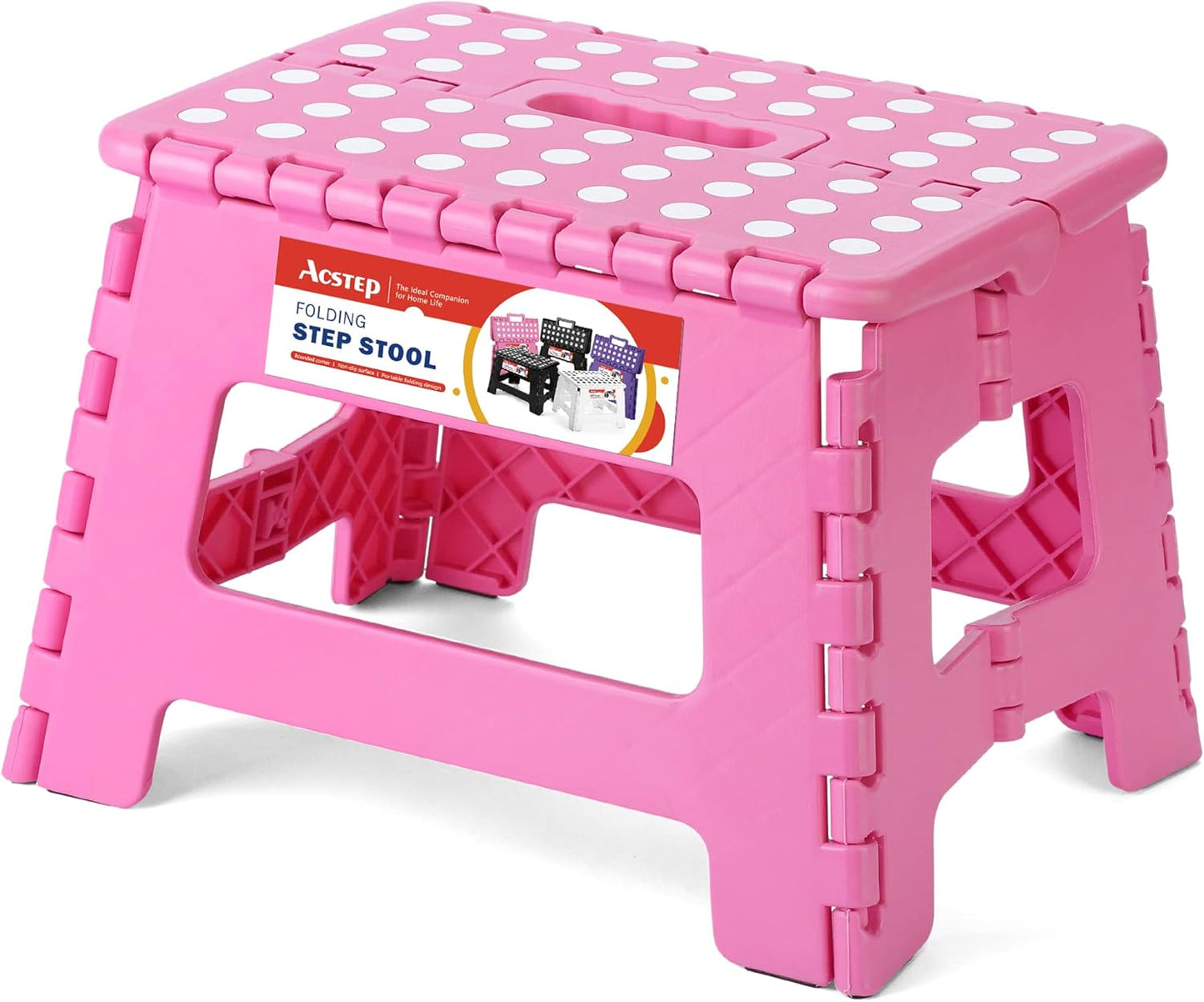 ACSTEP 9 Inch Folding Step Stool - The Lightweight Step Stool is Sturdy and Safe Enough. Opens Easy with One Flip. Great for Kitchen, Bathroom, Bedroom Pink