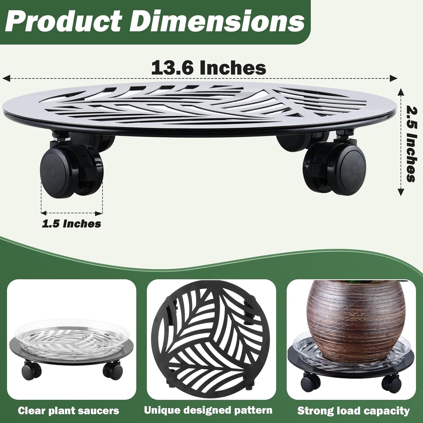 1 Packs Large Metal Plant Caddy with PU Wheels 13.6" Heavy-Duty Wrought Iron Rolling Plant Stands Indoor Outdoor Wheeled Plant Dolly Planter Mover Rollers Plant, Leaf Style