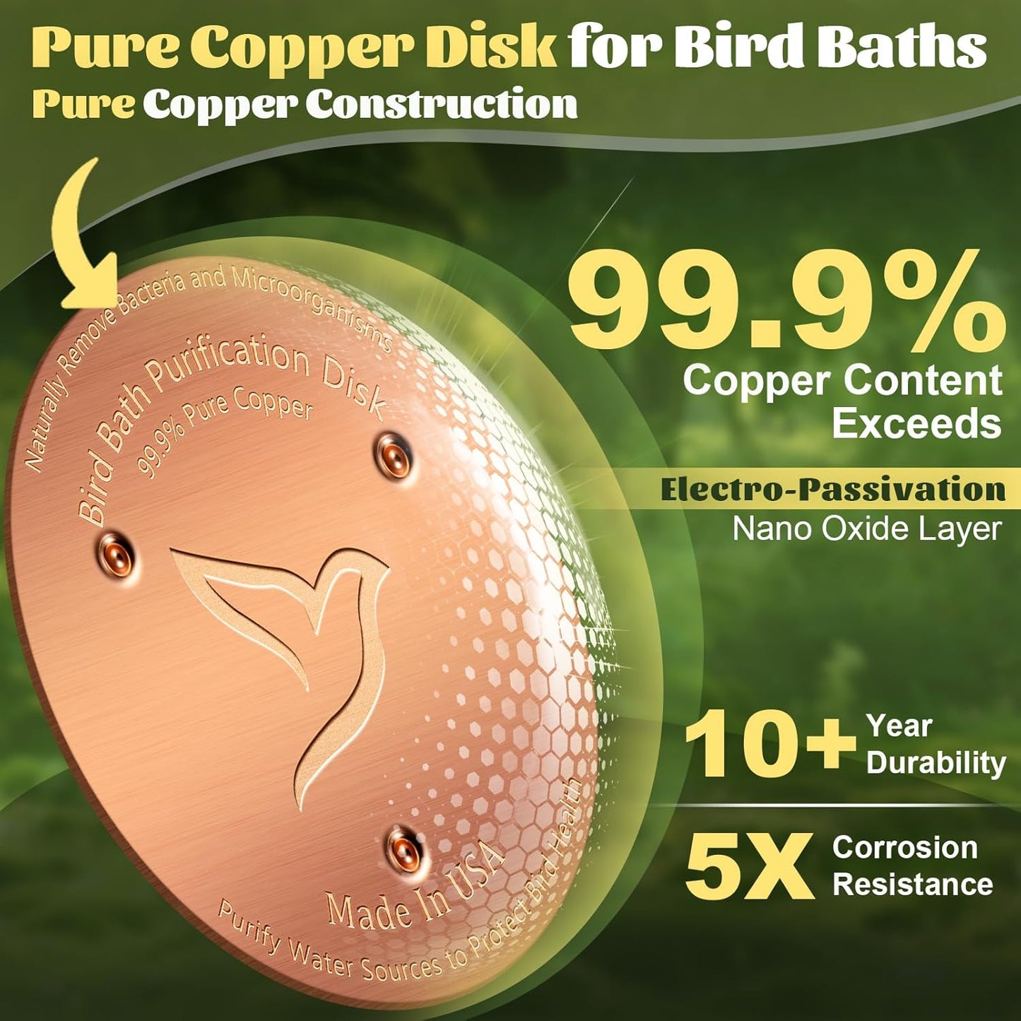 2PCS Bird Bath Copper Disk,1mm Thick Reinforced 99.99% Pure Copper Disc with Triple-Point Support,Bird Bath Accessories for Outside Birdbaths Bowls Physical Safe Water Cleaner for All-Season Use
