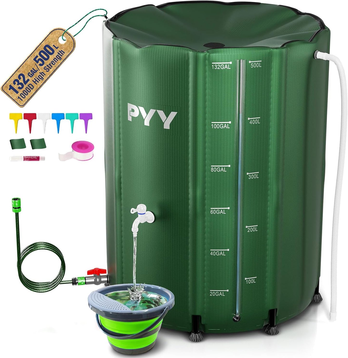PYY Rain Water Collection Barrel - 132 Gallon Green Water Storage Tank with Spigots, Hose and Portable Bucket, Large Plastic Collapsible Rain Catcher Catchment System to Collect Rainwater from Gutter