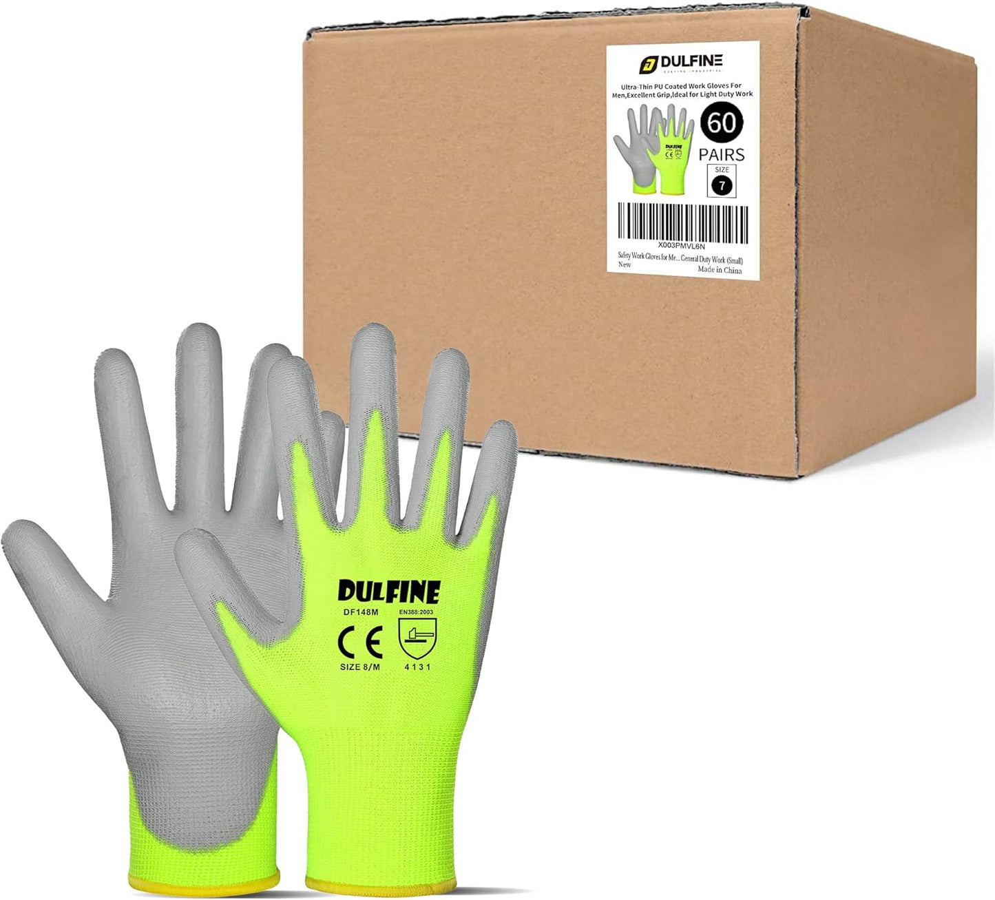 DULFINE Safety Work Gloves for Men PU Coated 60 Pairs Bulk Pack,Hi-Vis Yellow Seamless Knit Glove with thin Polyurethane Coated Smooth Grip on Palm & Fingers,Ideal for General Duty Work (Extra Large)