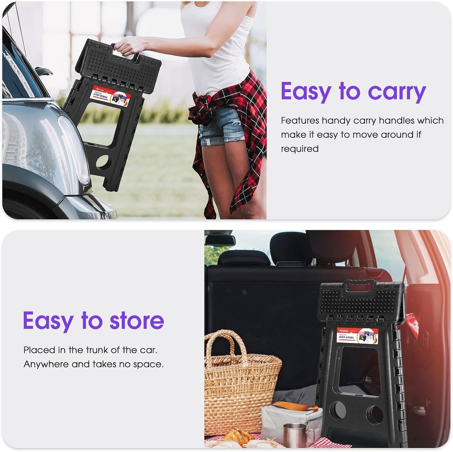 ACSTEP 16 Inch Folding Step Stool for Adults and Kids, Non-Slip Plastic Foldable Stepping Stool, Collapsible Folding Stool with Handle Holds Up to 400lbs for Kitchen, Dot Black (1 Pack)