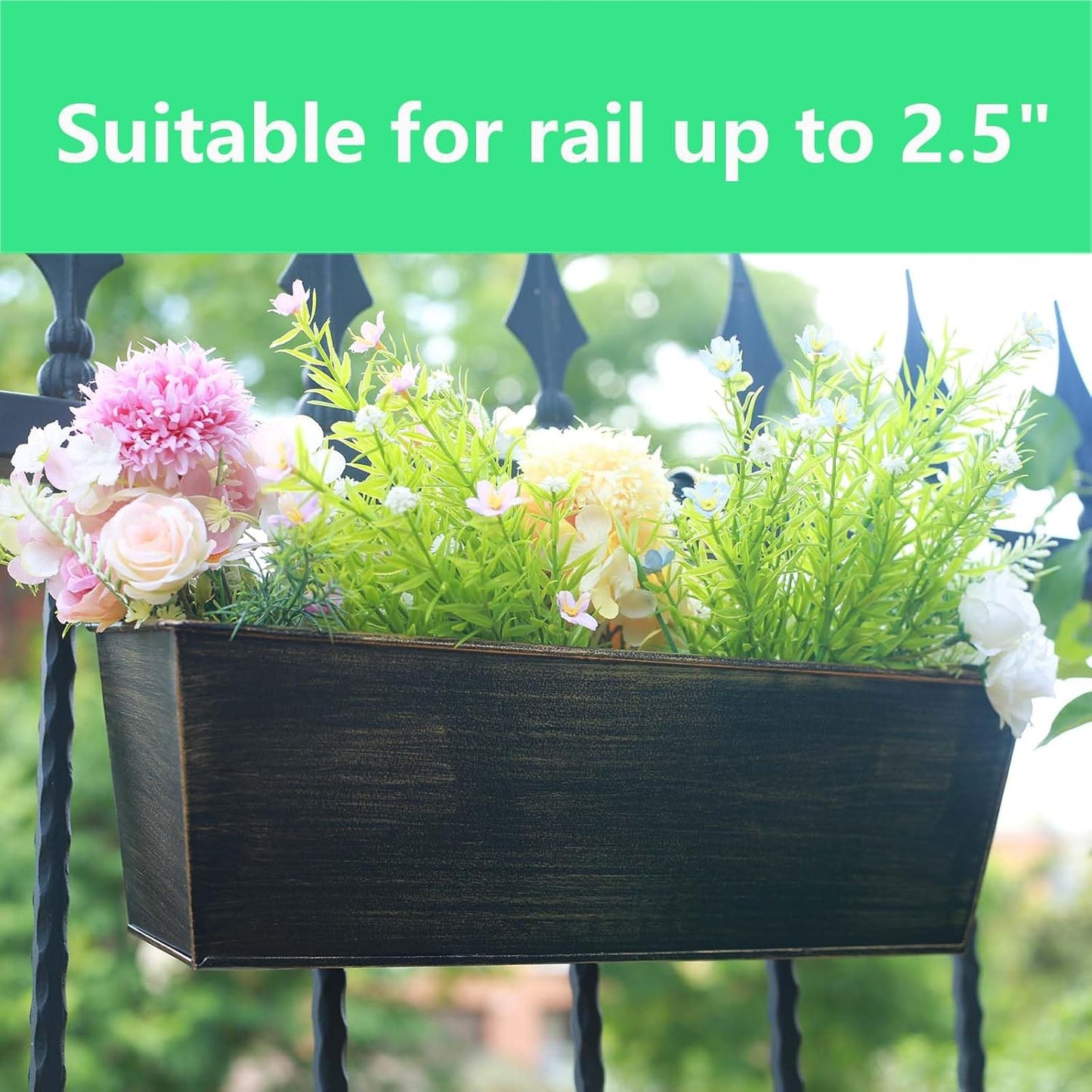 Hanging Planters for Outdoor Plants 16 Inch Railing Planter Box for Balcony Deck Window Metal Rectangular Fence Flower Pots with Drainage Holes for Patio Porch Outside Garden Decor(3 Pack)