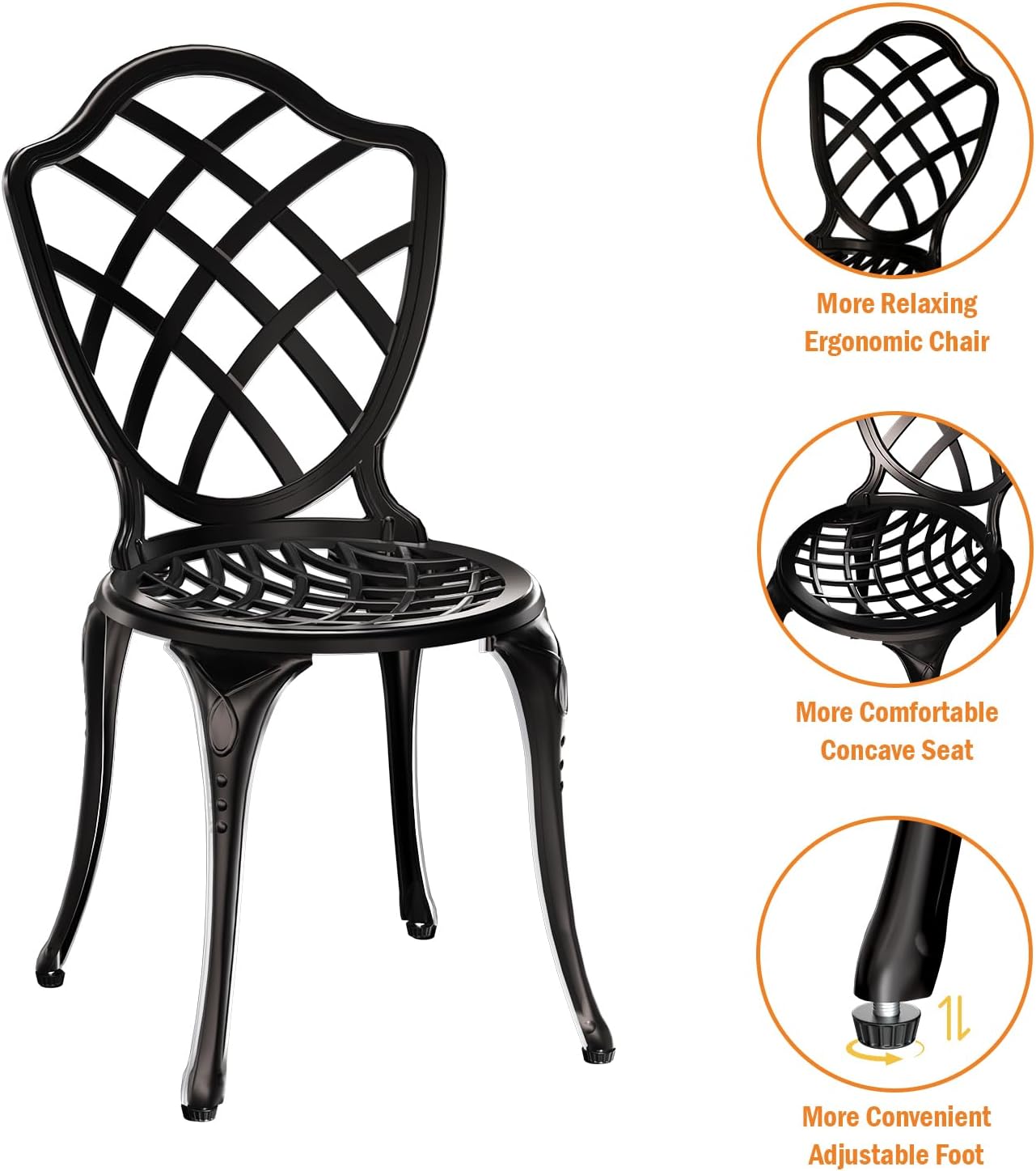3 Piece Patio Bistro Set, Outdoor Bistro Table and Chairs Set of 2 w/Umbrella Hole, Rust-Resistant Cast Aluminum Bistro Set for Garden/Balcony/Backyard, Black