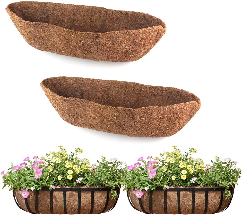 2 Pack Trough Coco Liner Fiber Replacement for Planters, 24/30/36/48 inch Half Moon Coconut Coir Planter for Window Box/Hanging Garden Vegetables Pot, Fence Flower Baskets