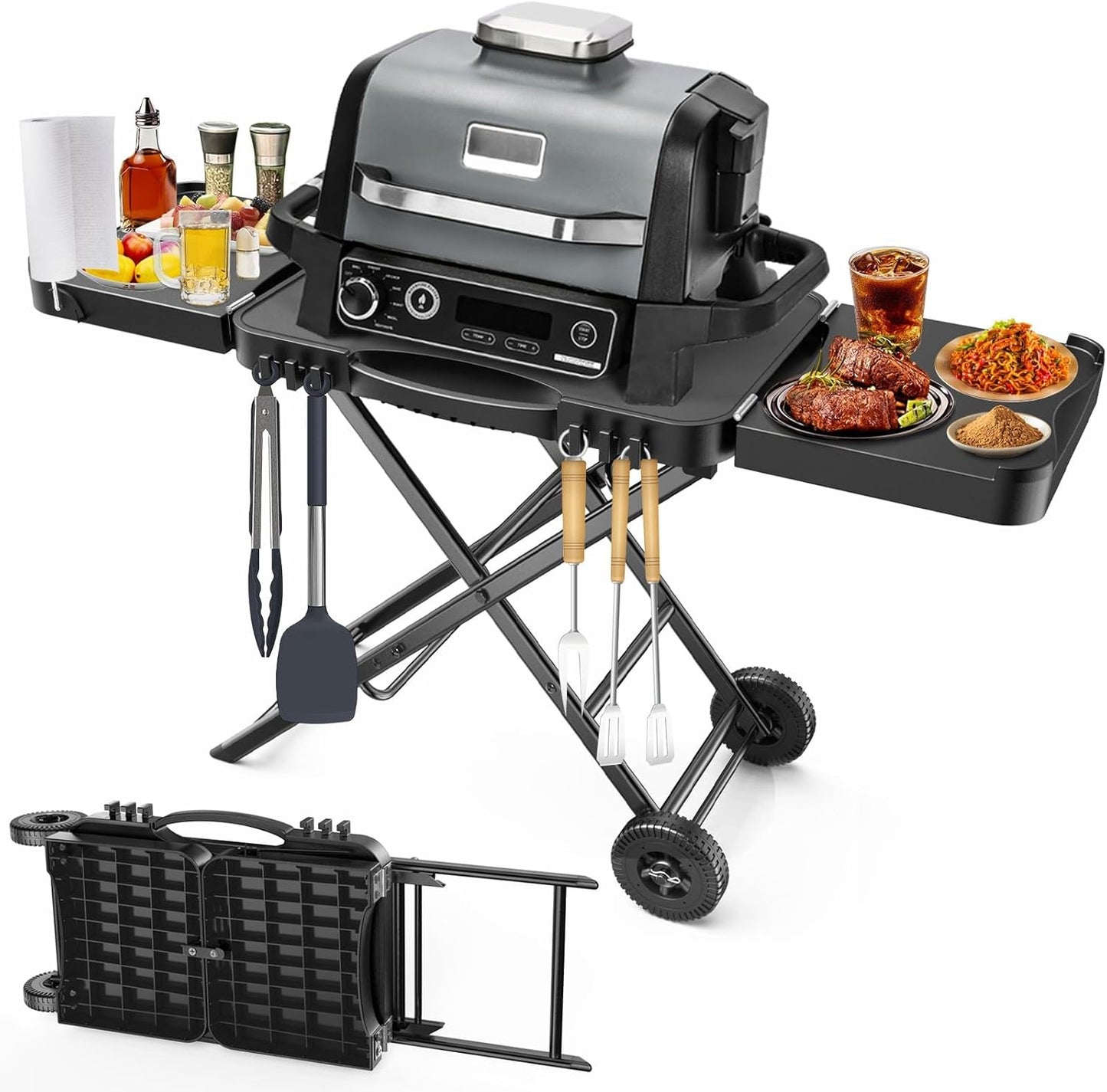 Portable Indoor Grill Table Stand for Ninja Woodfire Outdoor Grill(OG701 OG850 OG951 Series), 51in Large Space, Folding Camping Tailgating Table for Blackstone Griddle/Onni Pizza Oven,2 Wheels
