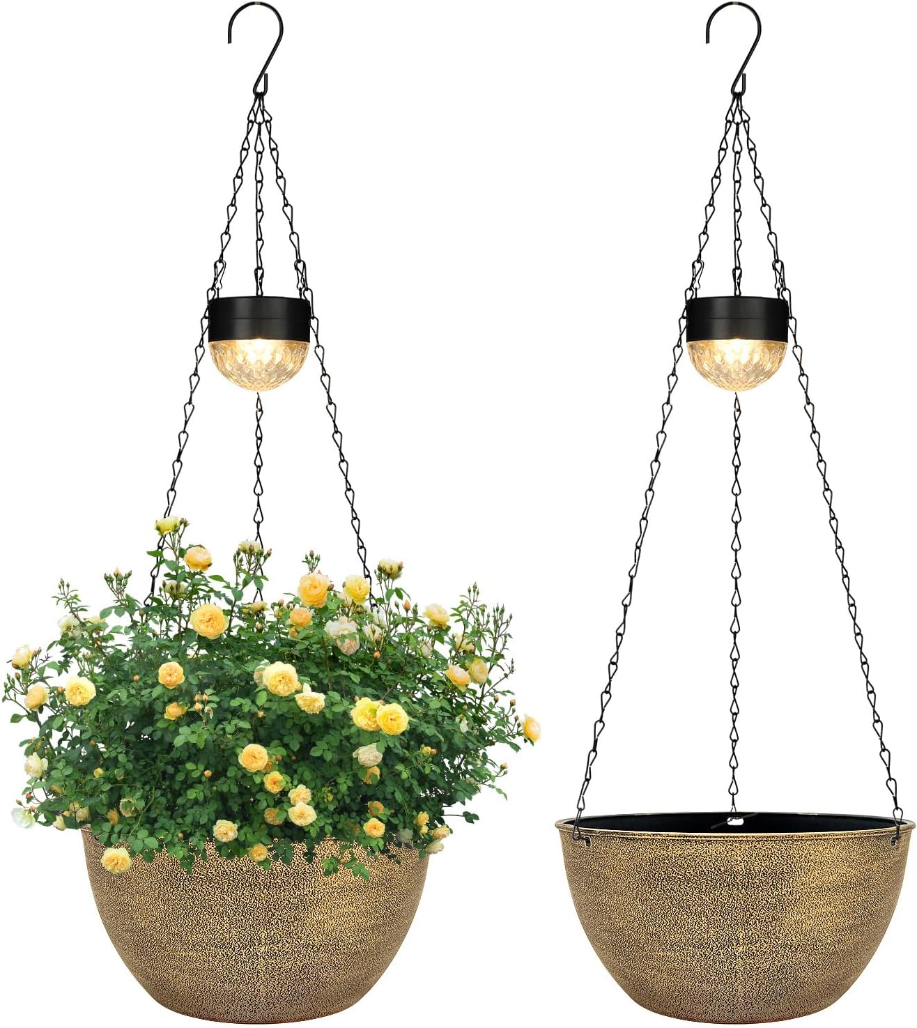 2 Packs Hanging Planters Basket for Outdoor Plants, Solar Powered Self Watering Copper Round Plastic Flower Pots with Drainer for Balcony Patio Garden Outdoor Decoration