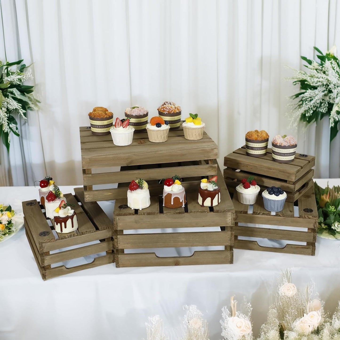 Large Wood Crates, Set of 5 Decorative Storage Box with Handles, Vintage Gray Farmhouse Wooden Crates for Decor, Wedding Birthday Home Party Living Room Kitchen Decoration