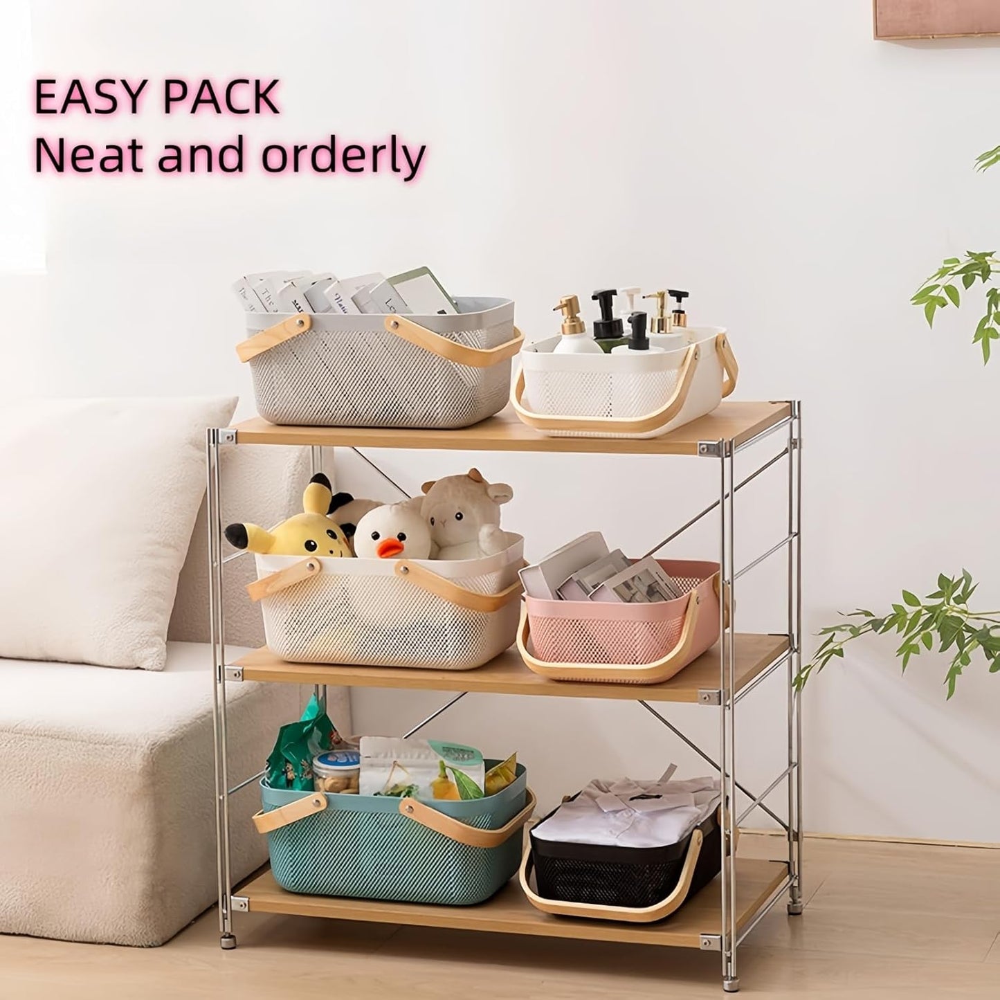 3pcs plastic harvest baskets, foldable wooden handles, rectangular garden storage baskets, for picking and collecting vegetables and fruits in the garden cabinet (Gray)