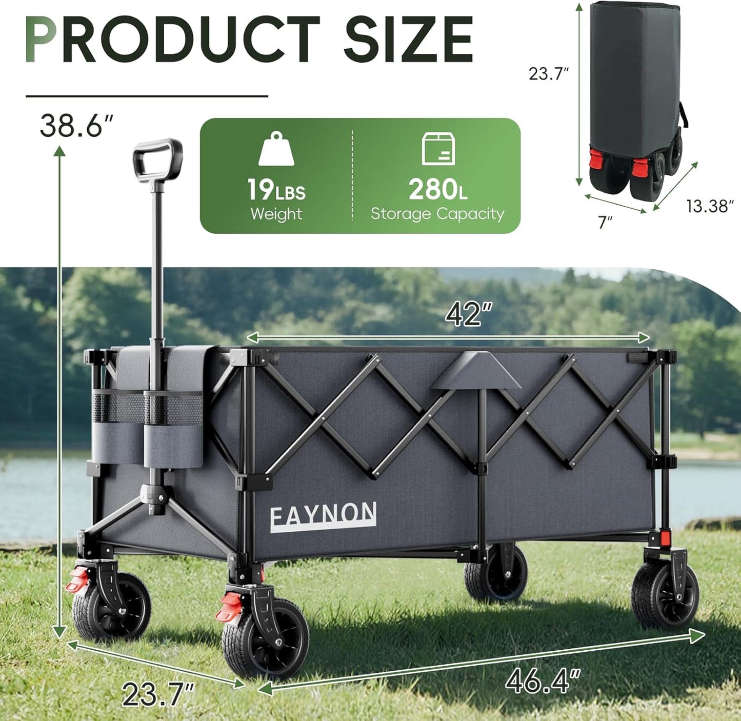 46" L Collapsible Foldable Extended Wagon, 500LB Weight Capacity with 280L Heavy Duty Folding Cart,Utility Wagon with All-Terrain Beach Wheel & Drink Holders,Gray