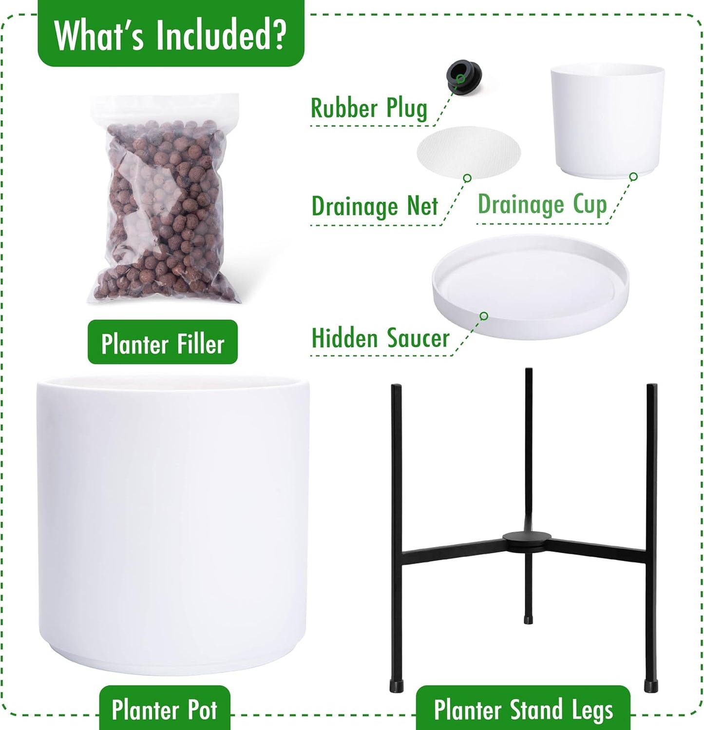 D'vine Dev Modern White Plants Pot Cylinder Planter with Heavy Duty Stand, X-Large 14 Inch Pot, 21 Inch with Stand Height, 96-T-A-4