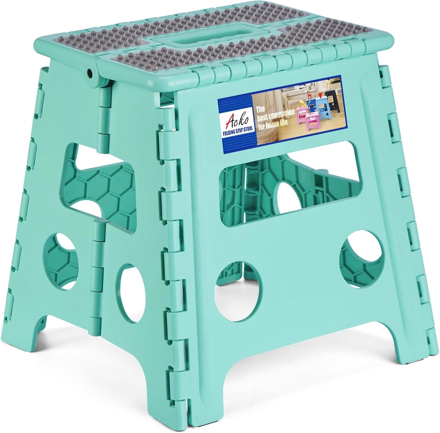 ACKO Folding Step Stool 13 Inch Stool Heavy Duty Plastic Foldable Step Stools for Kids, Stepping Stool with Handle, Folding Stool Suitable for Kitchen Hold Up to 300 LB (Teal 1PC)