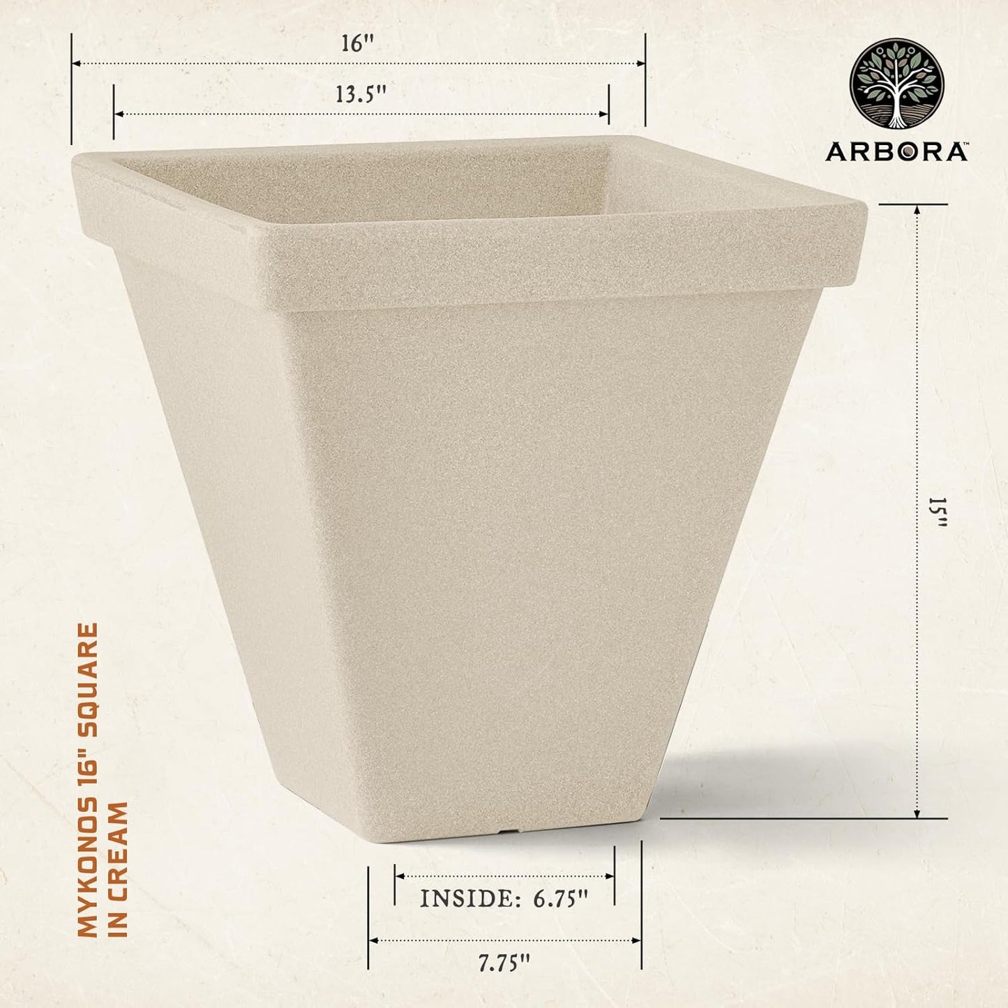 ARBORA 16" Mykonos Square Polyresin Indoor and Outdoor Planter with Classic Cream Finish - Durable, Weatherproof, Lightweight, Large Plant Pot for Patio, Garden, Deck, Entryway