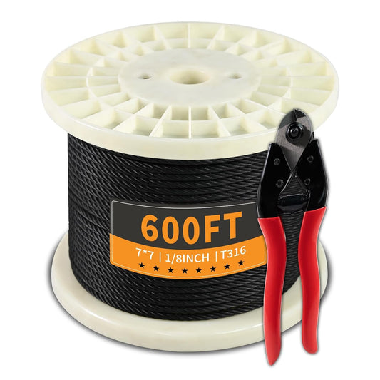 600FT 1/8" Stainless Steel Cable Black, Wire Rope with Cable Cutter, 7x7 Strands,1800lbs Breaking Strength, Aircraft Cable Rope for Deck Cable Railing, Stair, Fence, DIY Balustrades