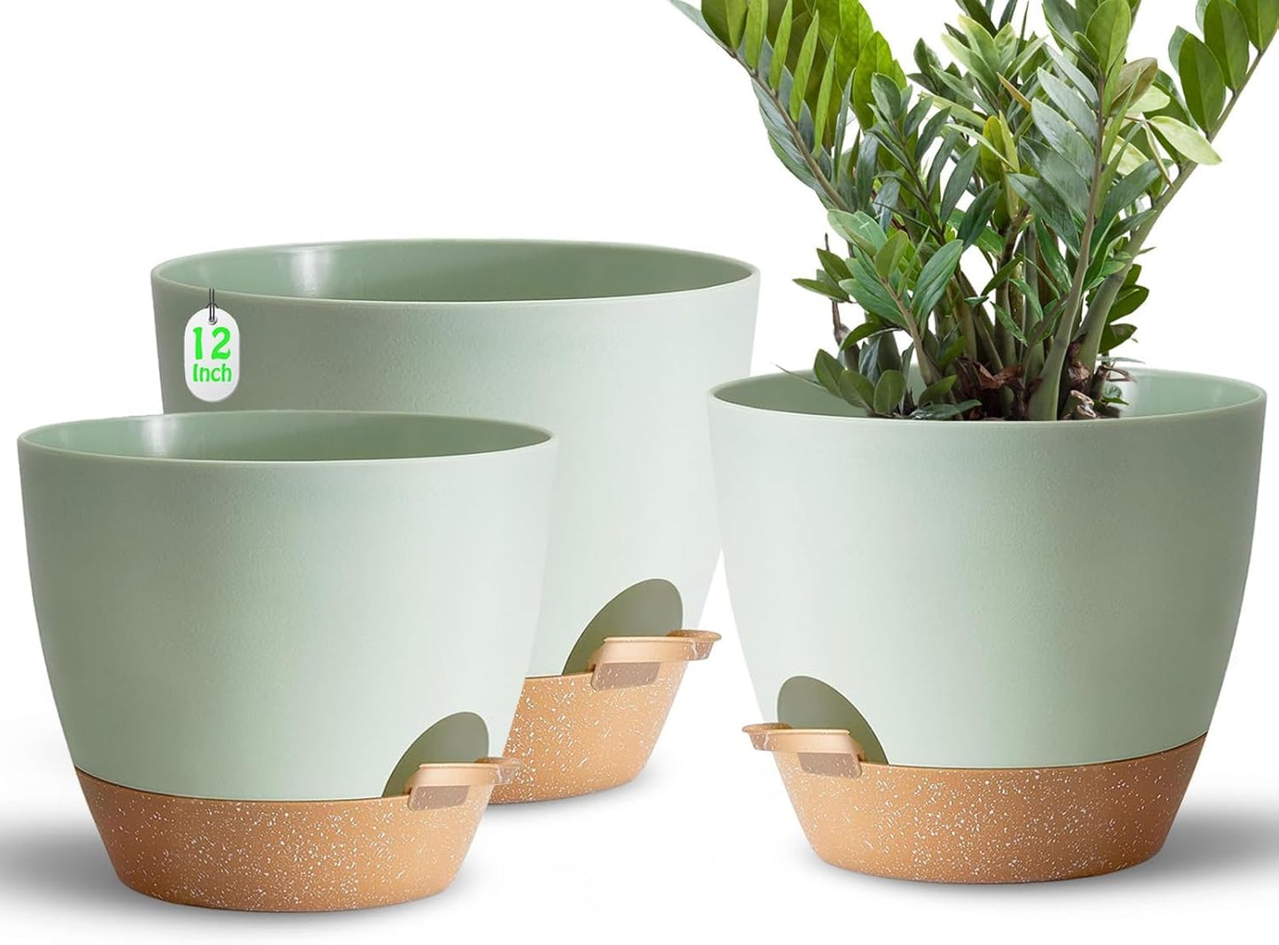 Indoor Pot For Plants 3 Pack 12/10/9 Inch Self Watering Pot For Lazy People,Self Watering Pots For Indoor Plants,Outdoor Pots For Succulent, African violets And Cactus Green Plastic Flower Pots