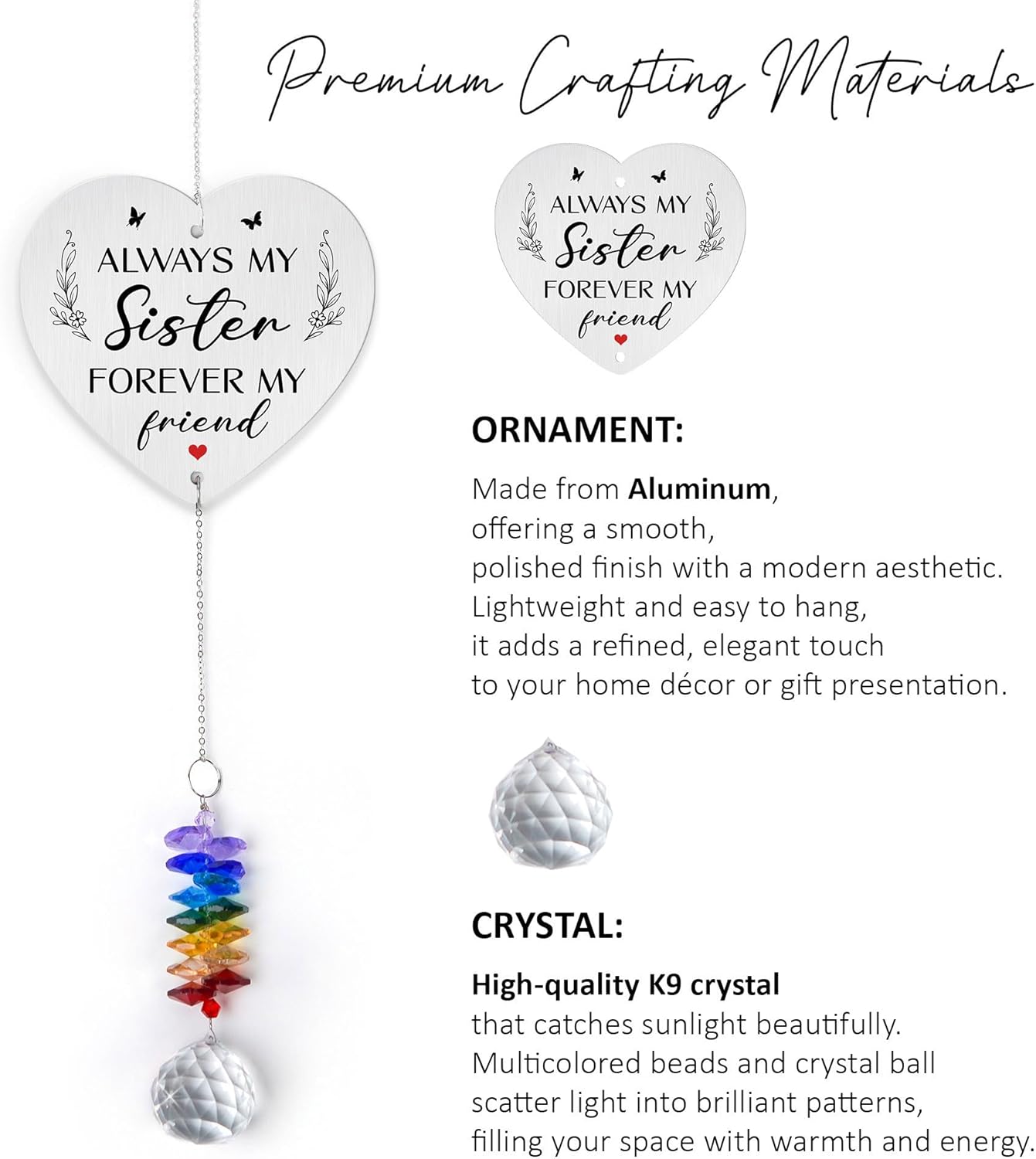 Aluminum Ornament Suncatcher Birthday Gift for Sisters - Unique Gift from Sister Brother - Crystal Rainbow Maker - Sister Suncatcher - Window Hangings Home & Garden Decor