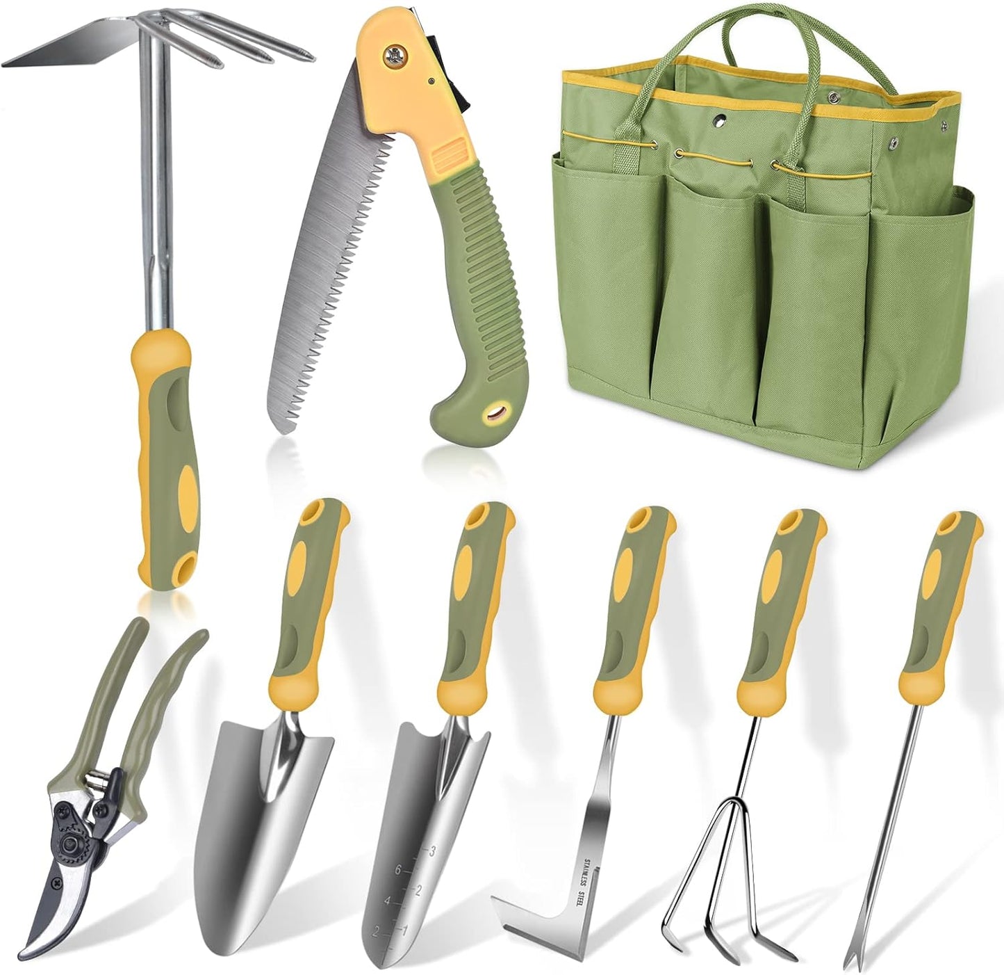 Garden Tool Set, WisaKey 9 Piece Stainless Steel Heavy Duty Gardening Hand Tools with Handle, Durable Garden Tool Bag, Gardening Gifts for Women and Men White Elephant Gifts