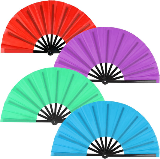 4 Pack Large Folding Hand Fan for Line Dance & Popping, Large Clap Rave Fan Chinese Kung Fu Hand Fan Decorative Folding Fans for Dance, Performance, Festival(Red,Purple,Green,Light Blue)