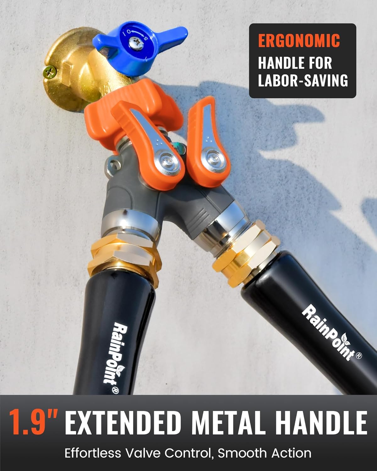RAINPOINT Garden Hose Splitter, 2 Way Heavy Duty Water Hose Y Spigot Splitter with Shutoff Valves, 100% Metal Body Outdoor Faucet Splitter, 1.9" Extra Long Metal Handle, 3/4" GHT Thread (1, Orange)