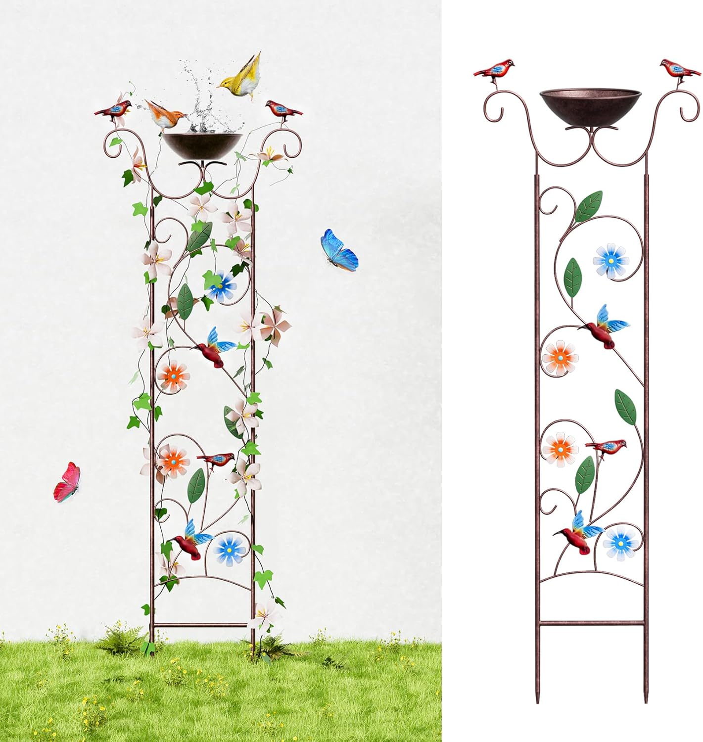 Bird Bath for Outside - Antique Iron Bird Bath with Trellis,Detachable Decorative Hummingbird Bowl,Metal Plant Support for Climbing Flowers,Elegant Outdoor Garden Feature (Hummingbird)