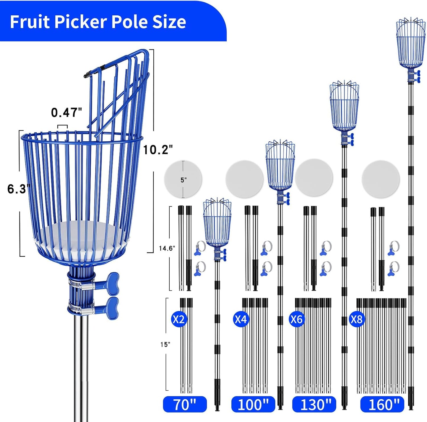 Fruit Picker Pole with Basket Segmented Fruit Picker Pole Tool for Apple Avocado Cherry Lemon Mango Orange Peach Picking(40-130")