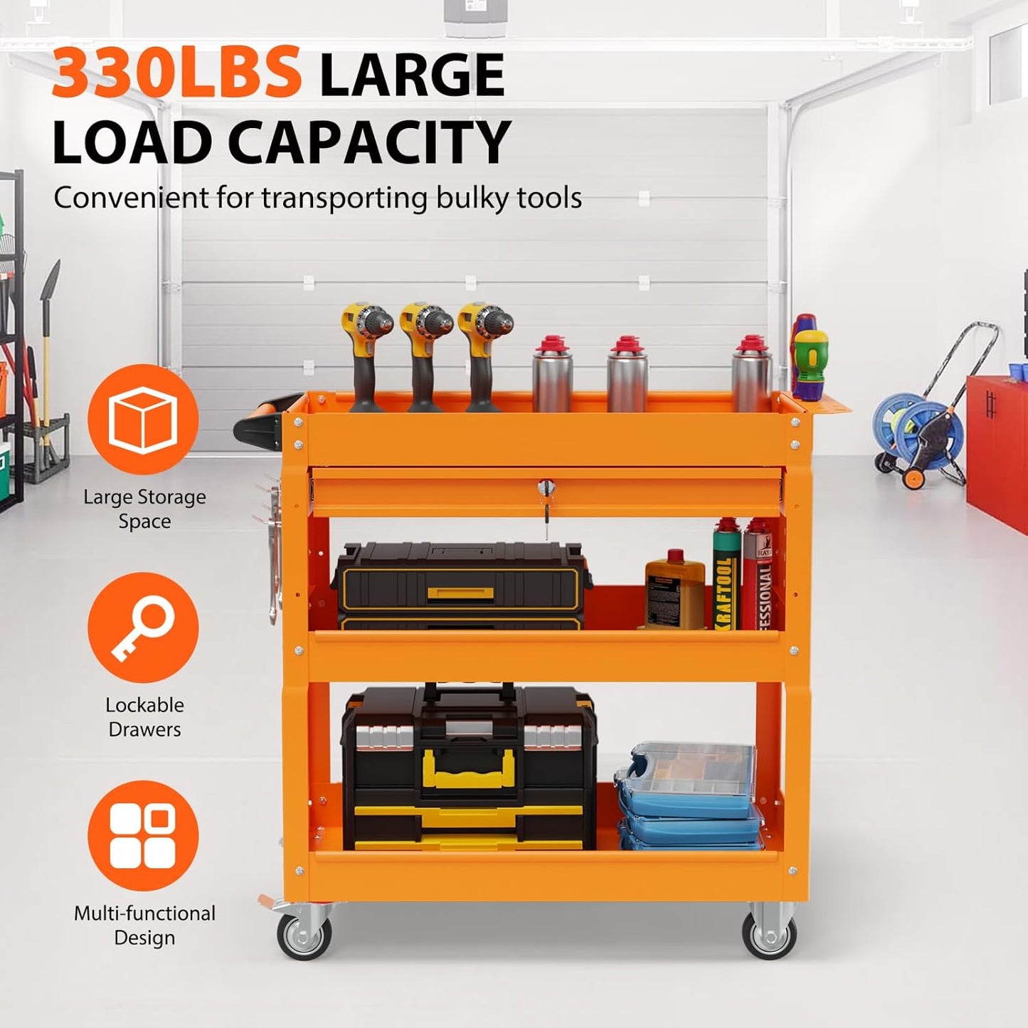 3-Tier Heavy Duty Utility Cart on Wheels, Rolling Tool Cart on Wheels with a Drawer, 350 Lbs Load Capacity Service Cart for Warehous, Garage and Repair Shop (Orange)