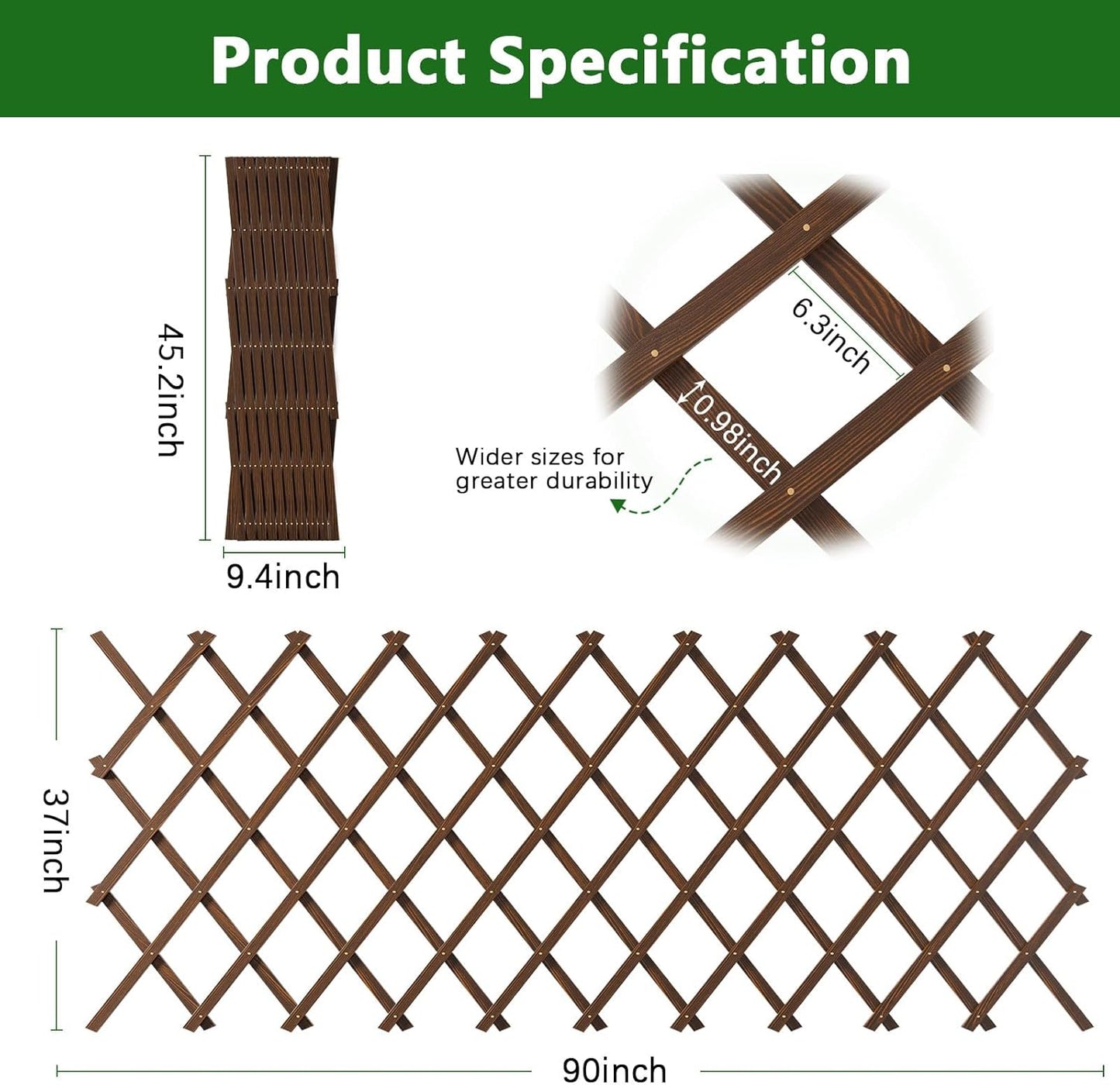2 PCS Expandable Garden Trellis, 37" x 90" Trellis for Climbing Plants Outdoor, Wooden Lattice Fence Wall Panel Lattice Panels for Outside, for Climbing Plants Vine Ivy Rose Cucumbers Clematis