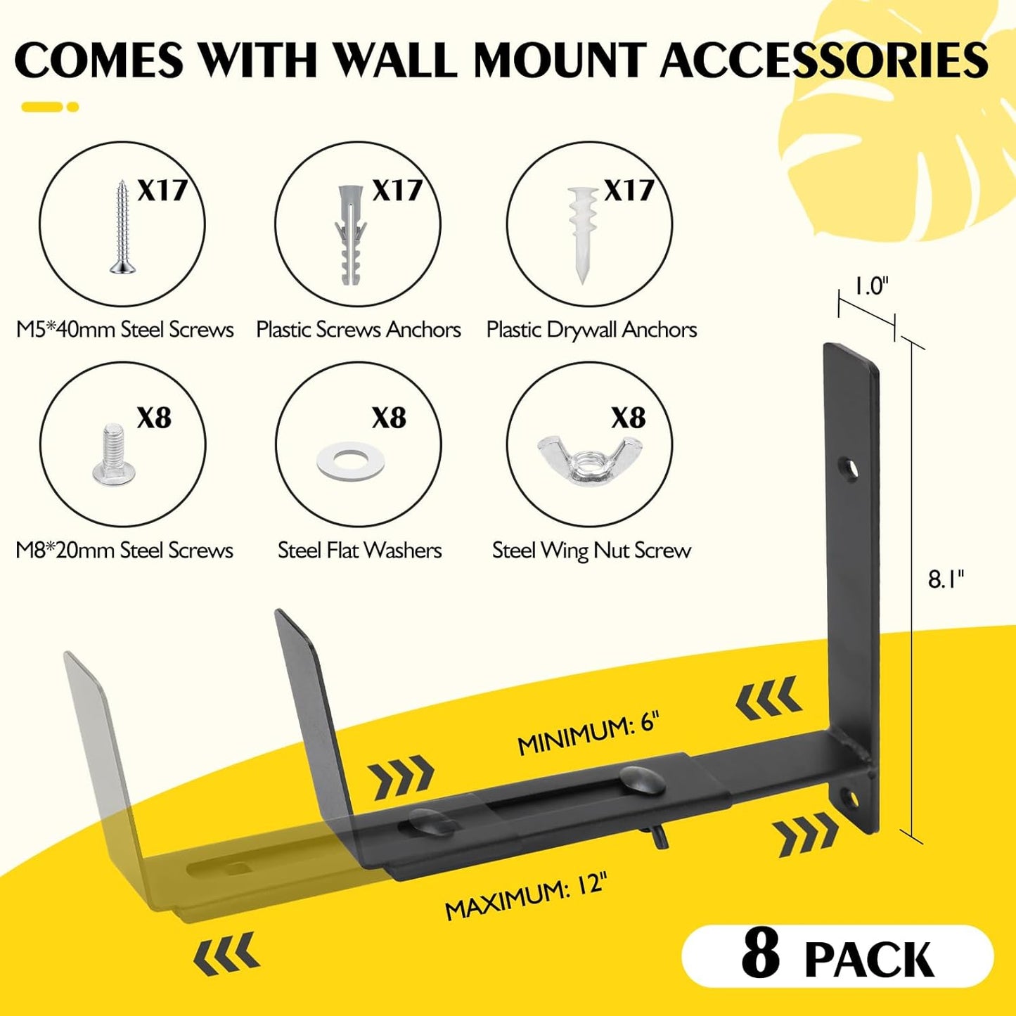 LukLoy Window Planter Box Brackets, 8 Pack Adjustable Heavy Duty Wall Mount Window Flower Boxes Outdoor with Bracket (6 to 12 in), with 70lbs Capacity, Black