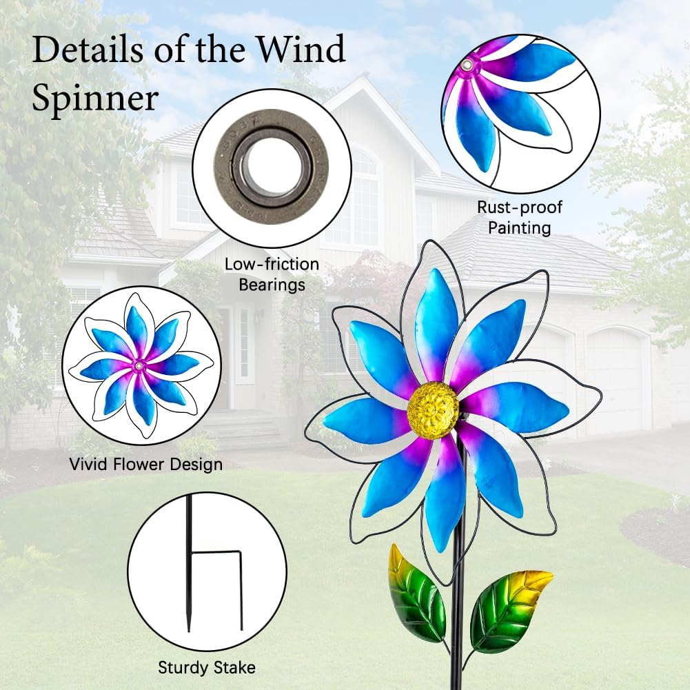 14'' Wind Spinners Outdoor, Flower Metal Garden Wind Spinners Outdoor, Kinetic Wind Sculptures & Spinners for Yard Garden Lawn Decor (Blue)