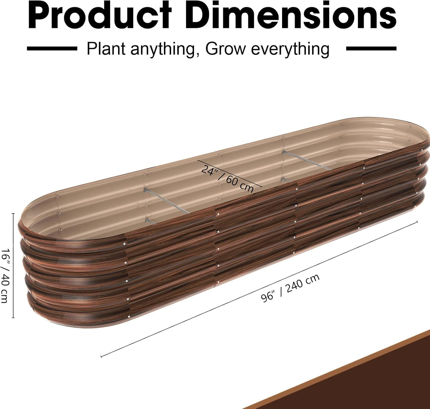 8x2ft Oval Galvanized Raised Garden Bed Kits 16" Tall Outdoor Large Metal Modular Planter Box 9-in-1 Raised Beds for Gardening,Vegetables,Fruits,Flowers & Herbs (Brown)