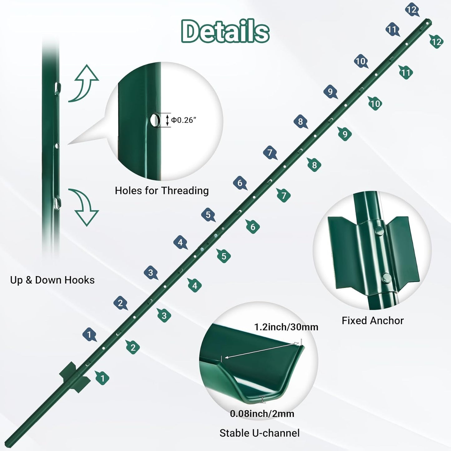 Fence Posts 7 Ft - 16 Pack, Requires Manual Assembly, Heavy Duty Metal Fence Post, No Dig U Post for Farm, Garden, Orchard and Outdoor Wire Fencing (Green)
