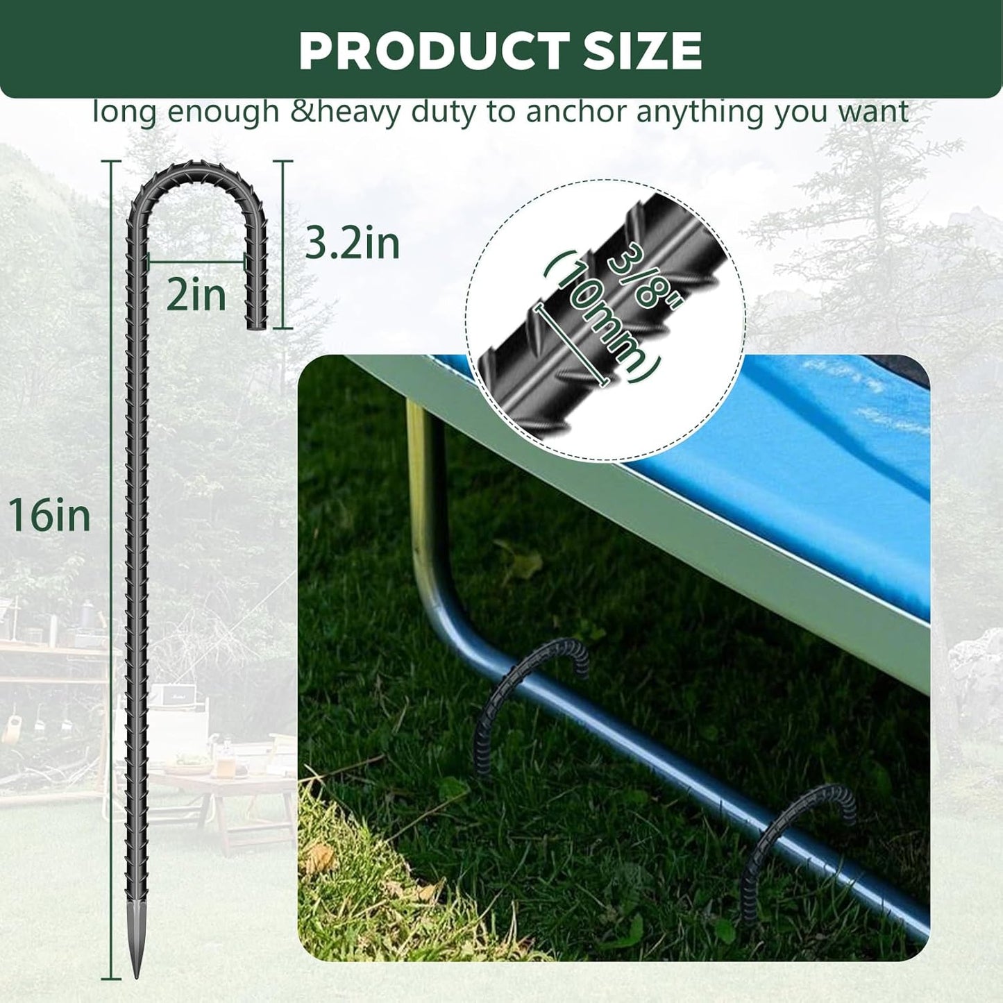 10 Pieces J Hooks Rebar Metal Tent Stakes 16 Inch Galvanized Ground Anchors Yard Stakes for Landscape Fabric Artificial Turf Heavy Duty Anti Rust for Outdoor Lawn Decorations Inflatables Swing Set