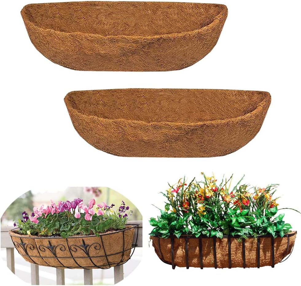 EROCK 2PCS Trough Coco Liners for Planters Wall Basket 24/30/36/48 inch, Replaceable Coconut Fiber Plant Basket Liner for Plant Hanging Basket, Garden Flower Vegetables Pot (24inch)