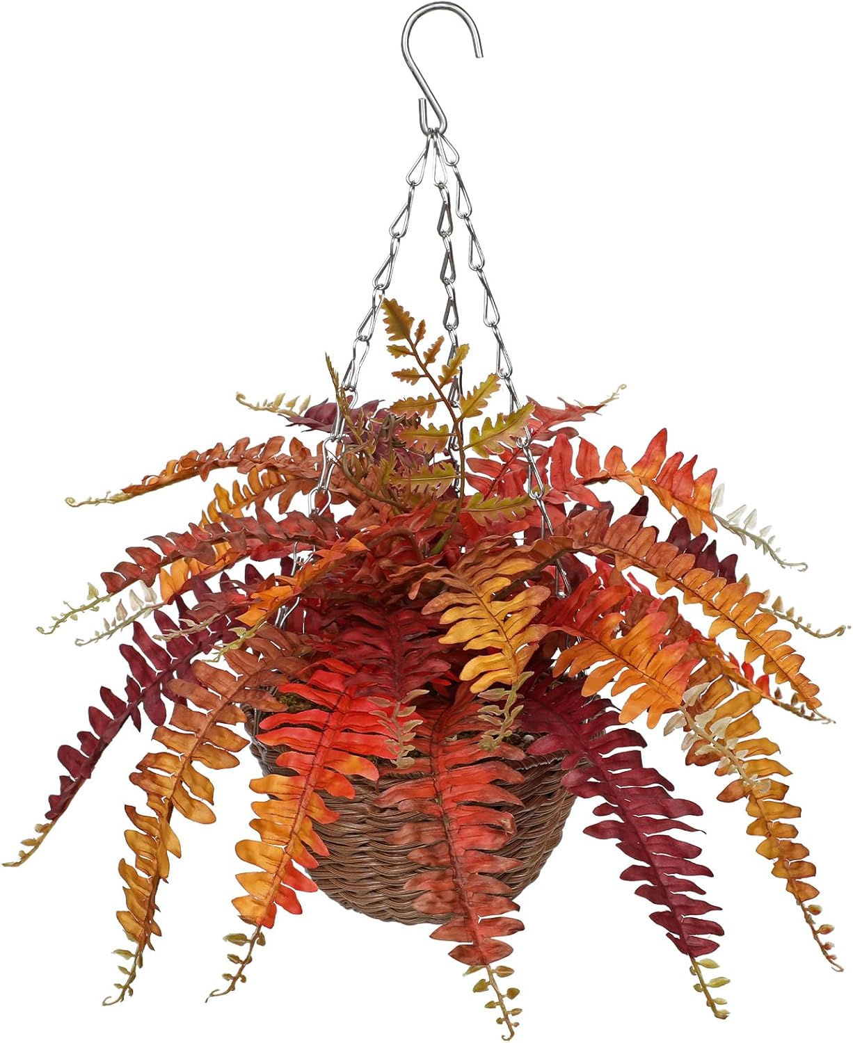 Hollyone Fall Hanging Baskets Small Artificial Fern Orange 21 Leaves Fall Hanging Decor Plant Boston Ferns Silk Plants with Brown Rattan Baskets Outdoors Indoor Fake Fern Autumn Decorations for Home