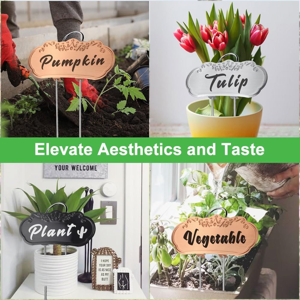 30 PacksTCYPUHL Metal Plant Labels, Tall Outdoor Garden Markers for Flowers, Fruits and Vegetables, 304 Stainless Steel Weatherproof Signs (4" x 1.9", Silver, Black and Gold)