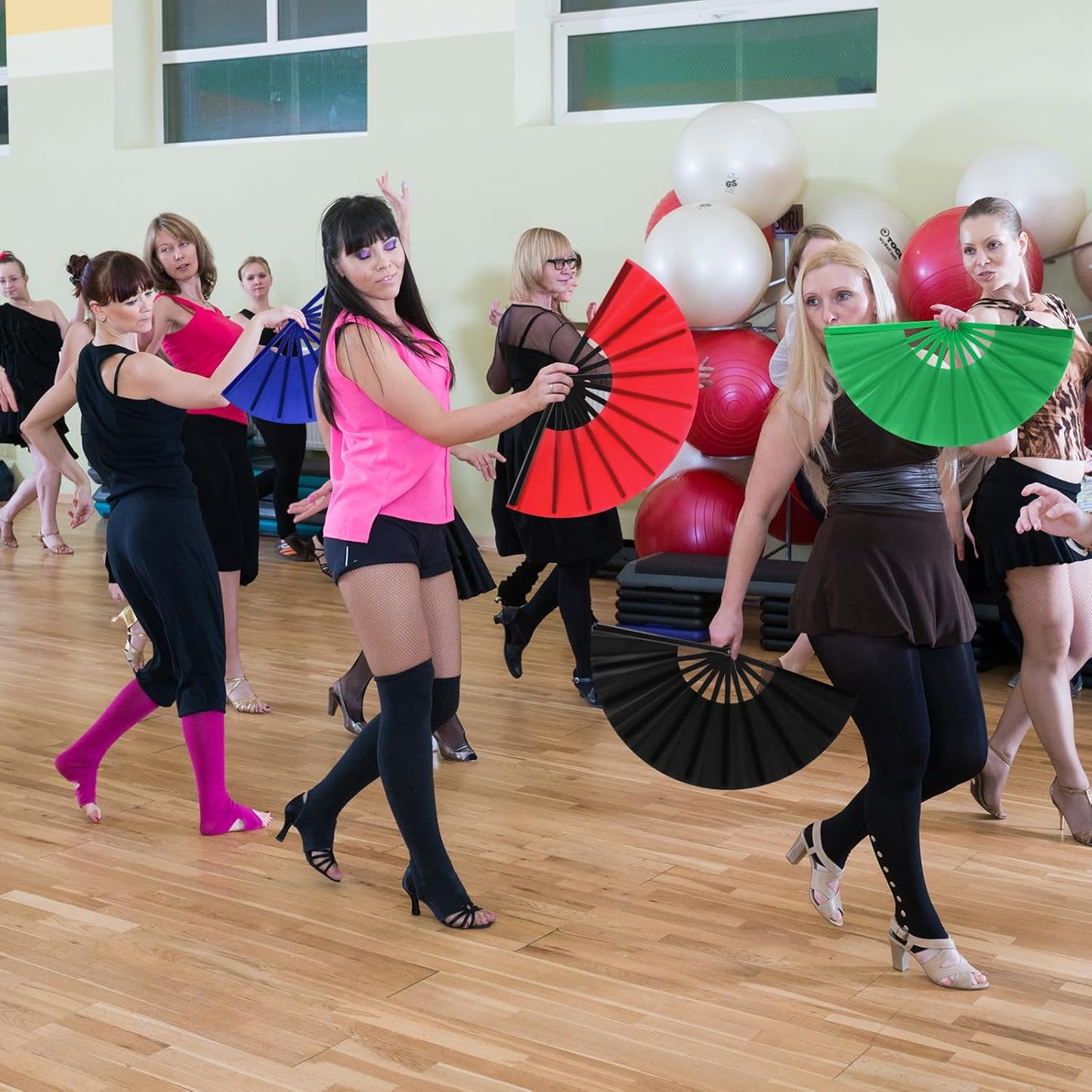 Blulu 4 Pcs 13 Inch Large Folding Hand Fans for Line Dancing Big Clapping Popping Raves Fans Bulk for Dancing Boots on The Ground Festival Party Decoration(Classic Style, Red, Black, Blue, Green)