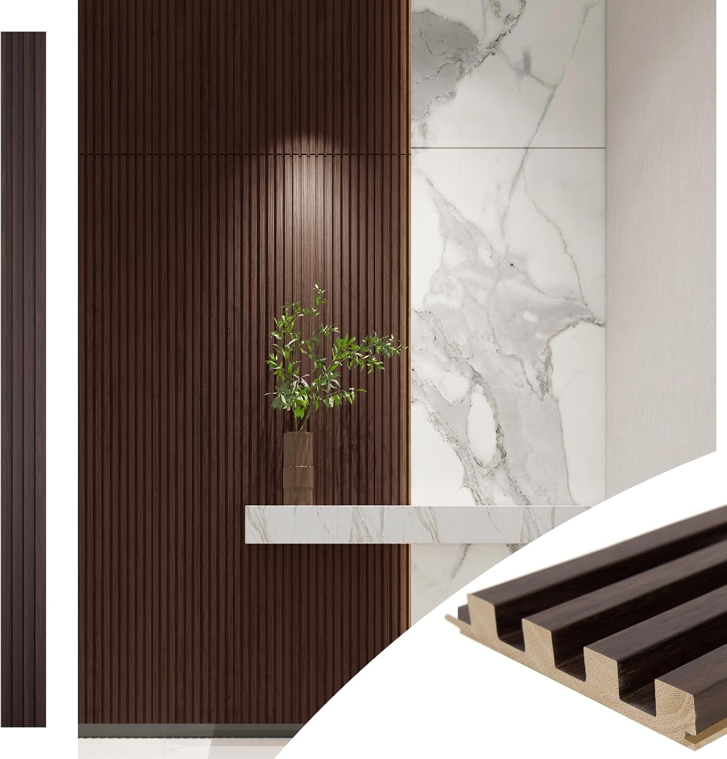 Art3d Slat Wood Wall Paneling for Interior and Ceiling Decoration - Pack of 4pcs + 1pc End-Trim, Size 108 x 5.7in.- Smoked Oak
